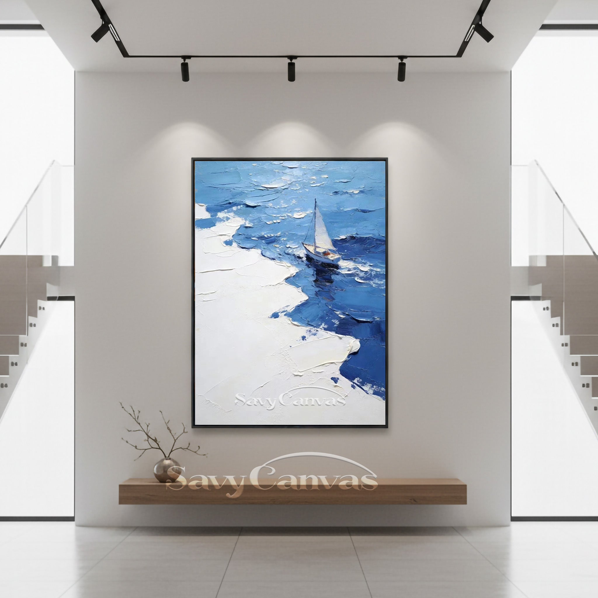 Modern Blue Ocean Sailboat Impasto Oil Painting on Canvas #SS 005
