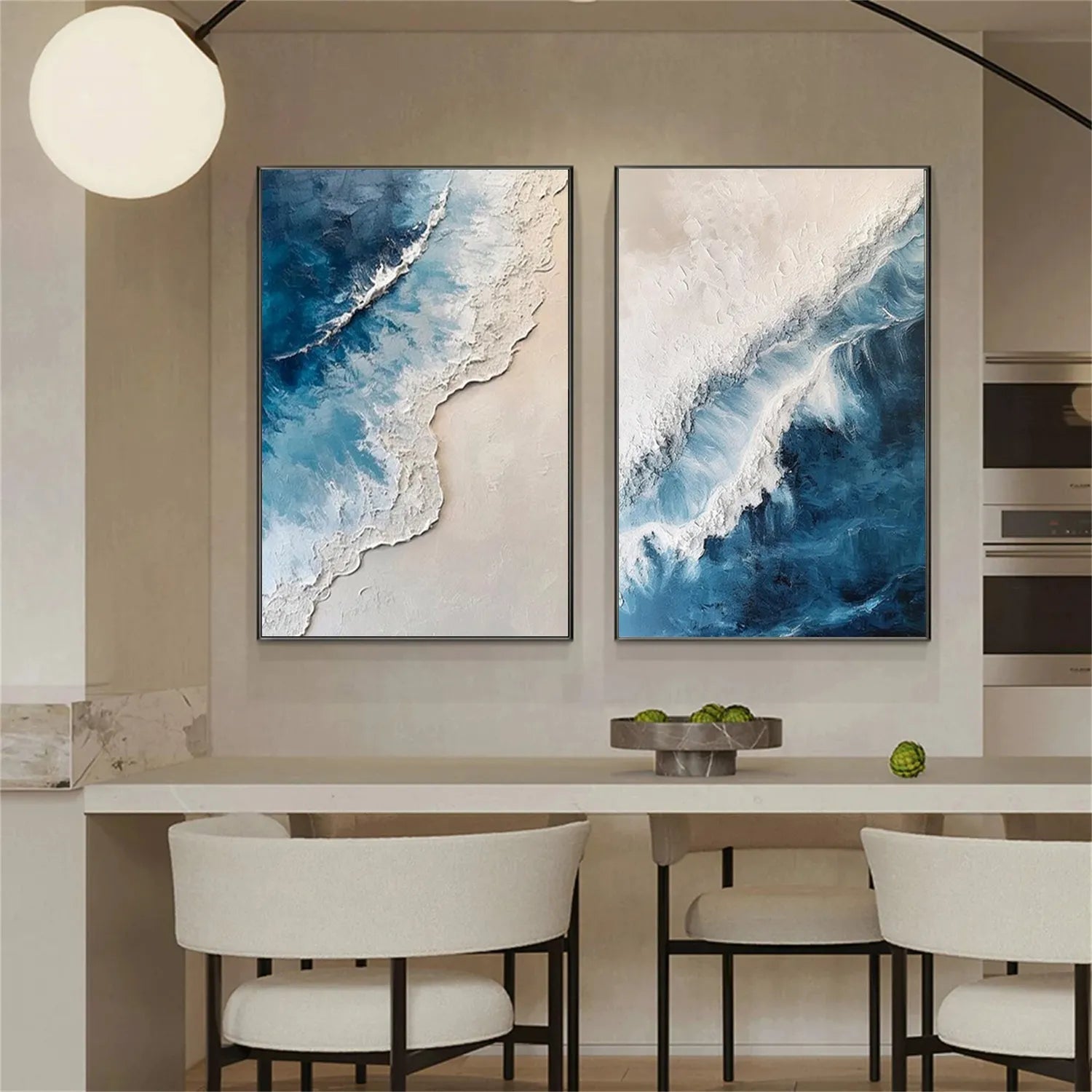 Large Abstract Ocean Wall Art Set of 2 | Textured Blue Wave Painting #