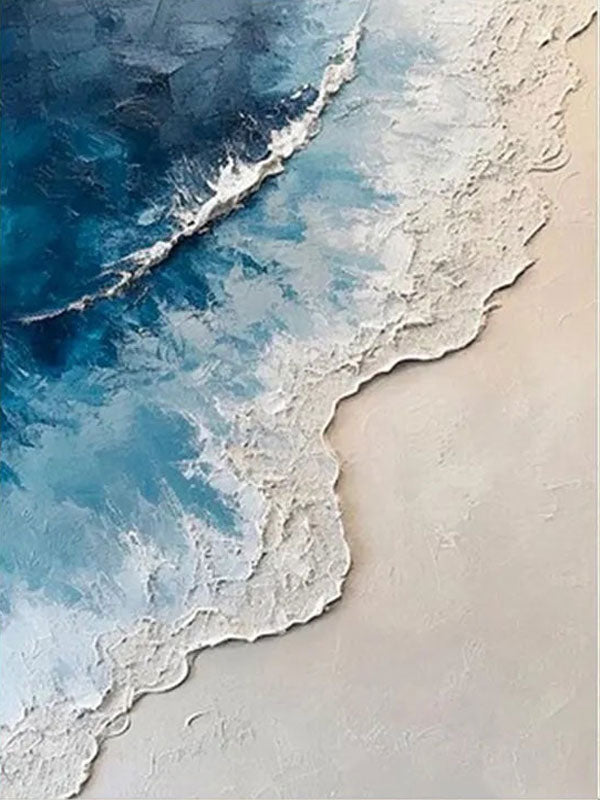 Calm Coastal Sand and Sea Textured Abstract - Blue and White Minimalist Oil Painting # JJ 136