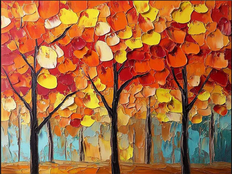 Vibrant Autumn Forest Hand-Painted Oil Art | Large Textured Trees #JJ 324