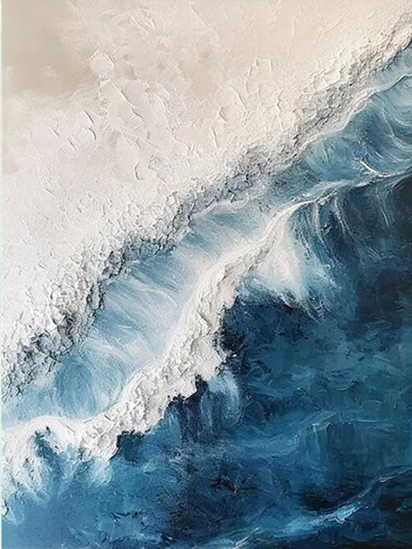 Blue White Beige Textured Beach Abstract Oil Painting - Modern Serene Art # JJ 120