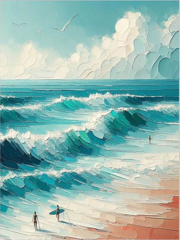 Hand-Painted Ocean Waves Canvas Art - Coastal Living Room Decor # JJ 145