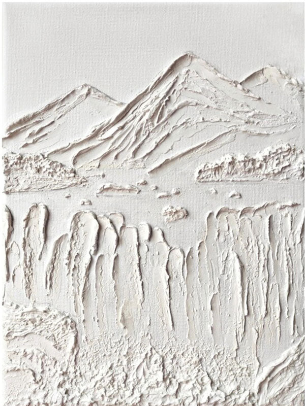 Contemporary White Plaster Art - Hand-Crafted Abstract Mountain #JJ 361