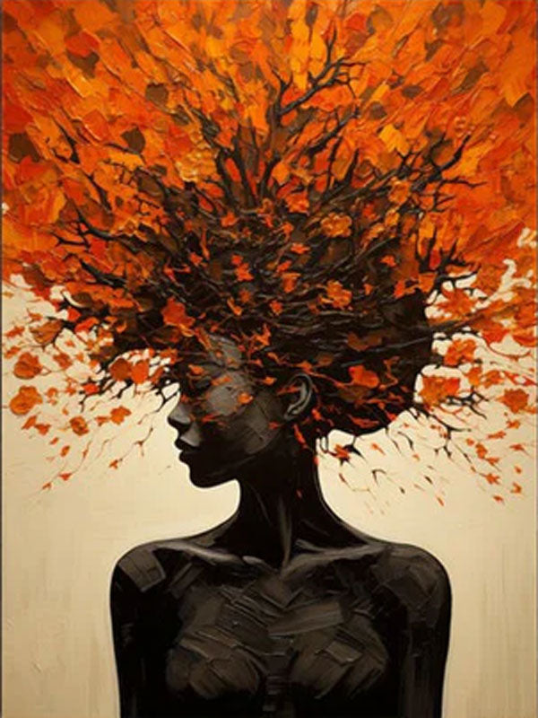 Orange Brown Explosive Hair Abstract Portrait Painting, Modern Art Wall Art #TB 044