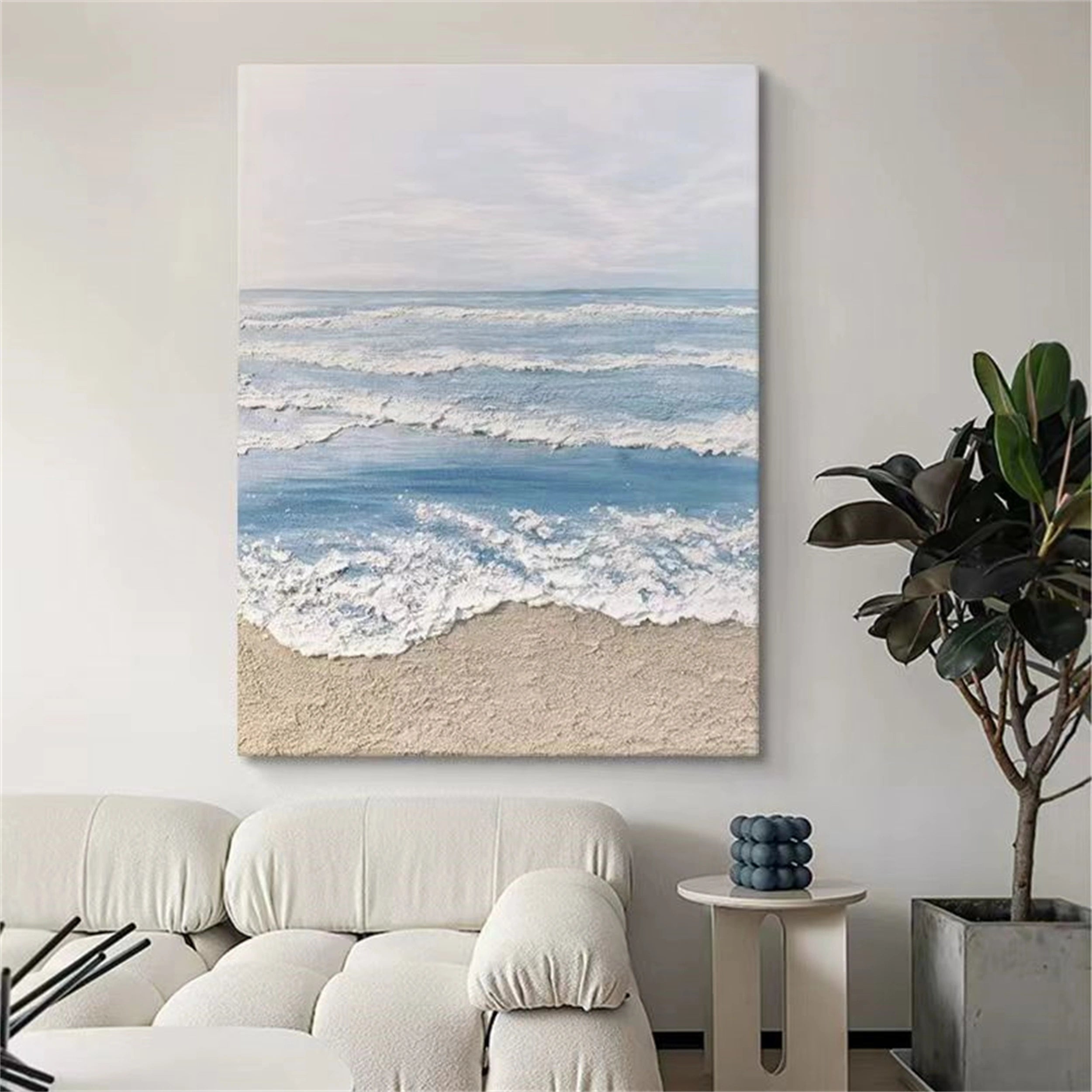 Calm Coastal Sand and Sea Textured Abstract - Blue and White Minimalist Oil Painting