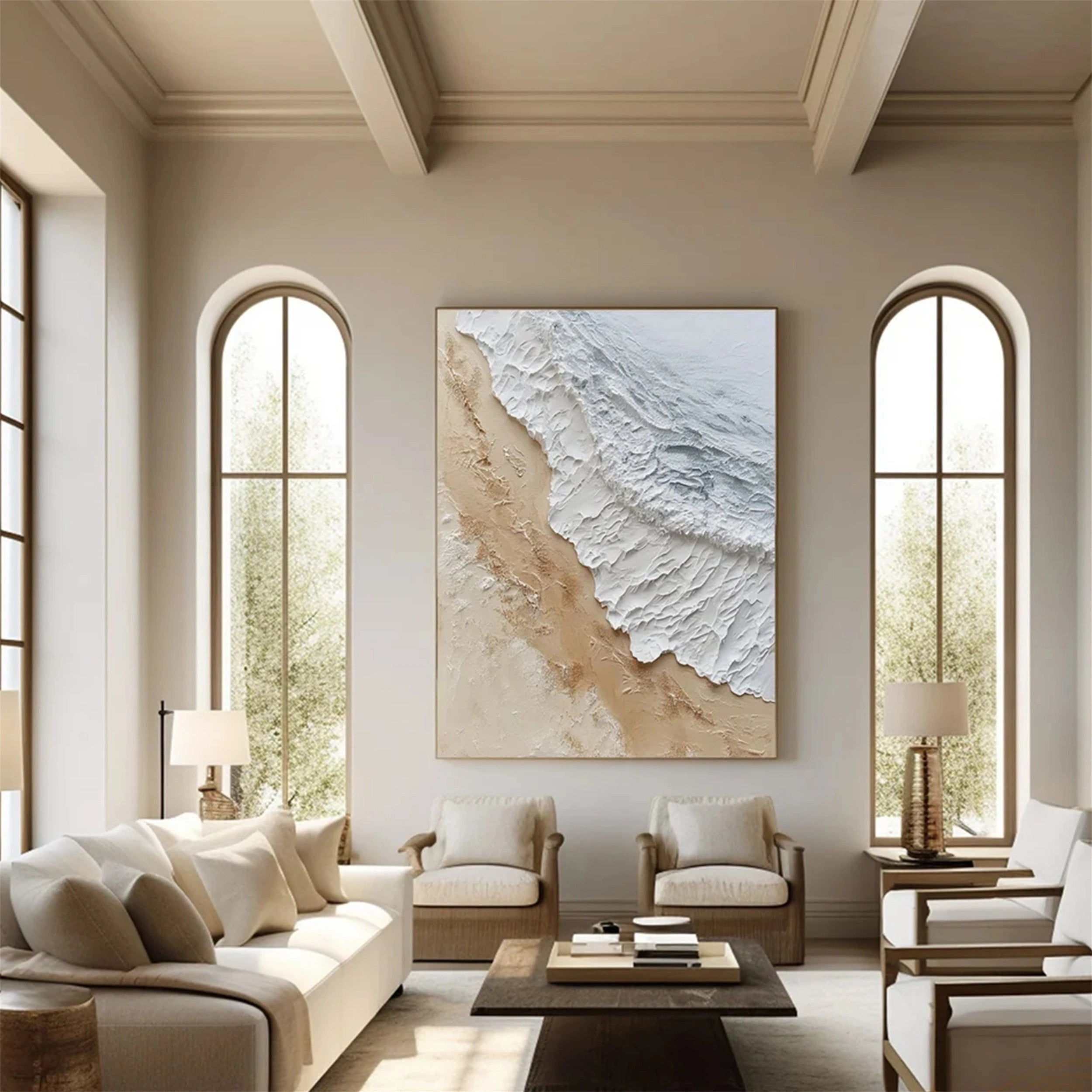 Large Textured Beach Wall Art | Vertical Neutral Coastal Canvas #ZZ 06
