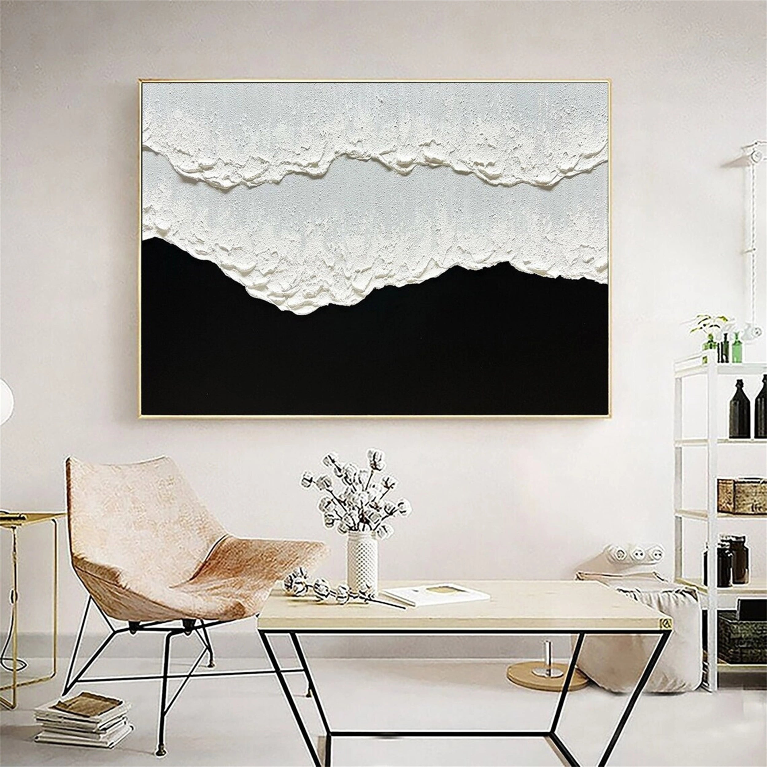 3D Minimalist Black and White Abstract Wall Art-Hand Painted Pictures #JJ 288