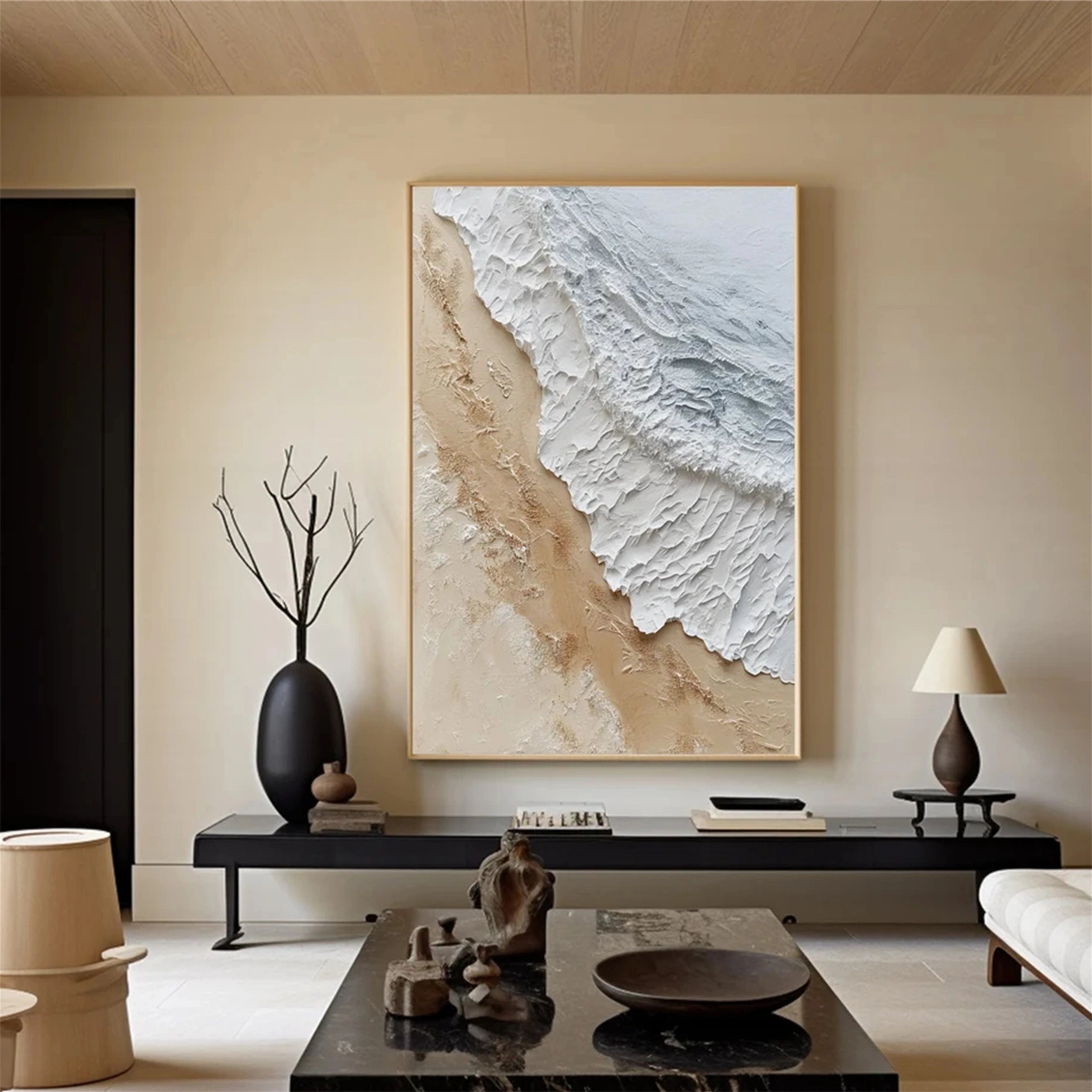 Large Textured Beach Wall Art | Vertical Neutral Coastal Canvas #ZZ 06