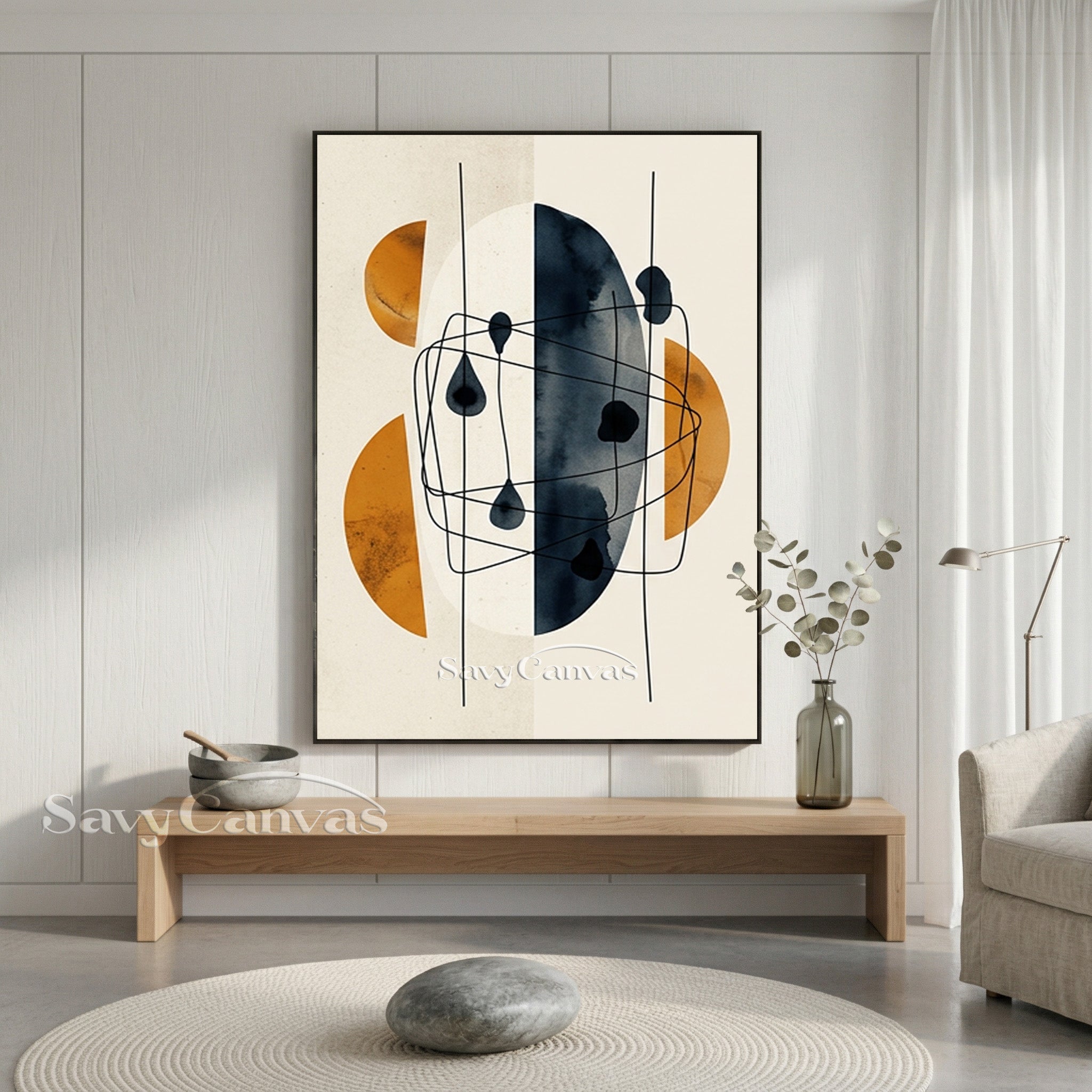 Abstract Geometric Wall Art - Burnt Orange & Indigo Blue Decor #SS 194
