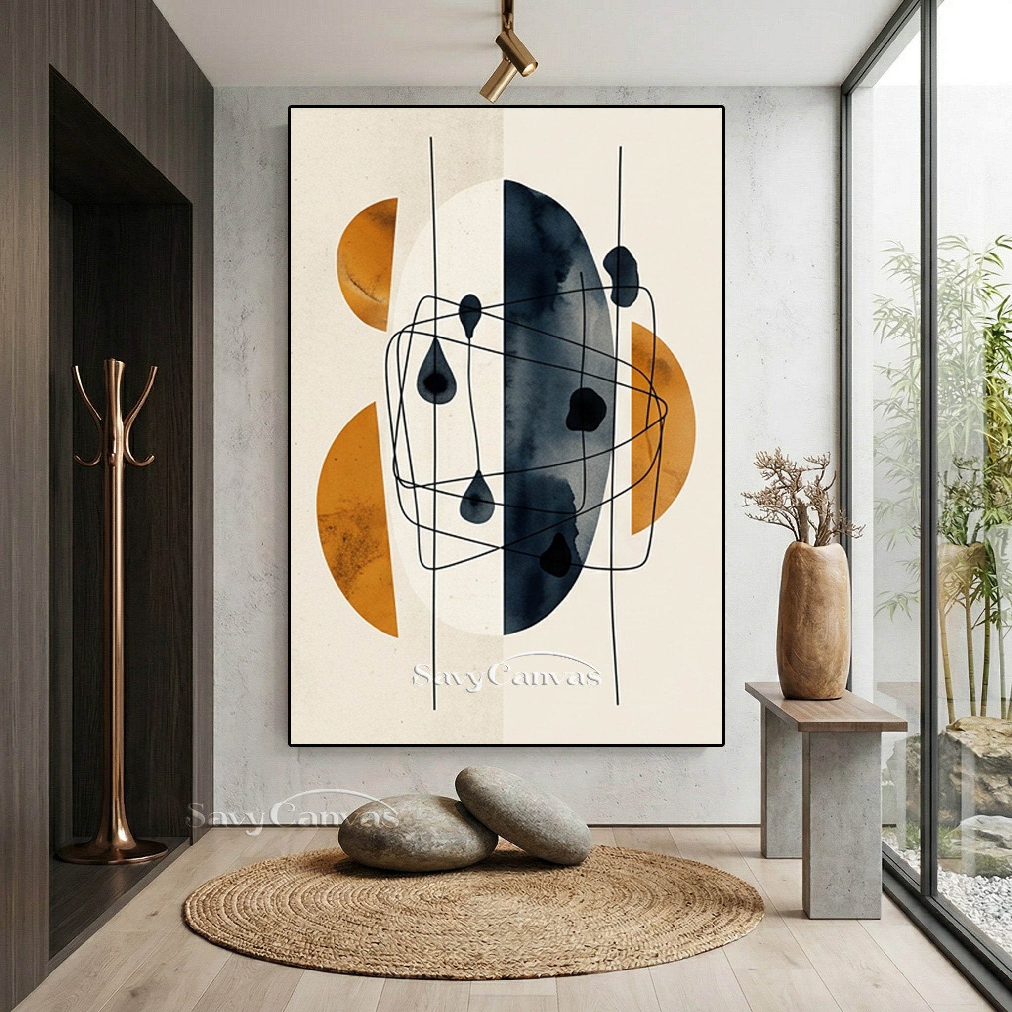 Abstract Geometric Wall Art - Burnt Orange & Indigo Blue Decor #SS 194