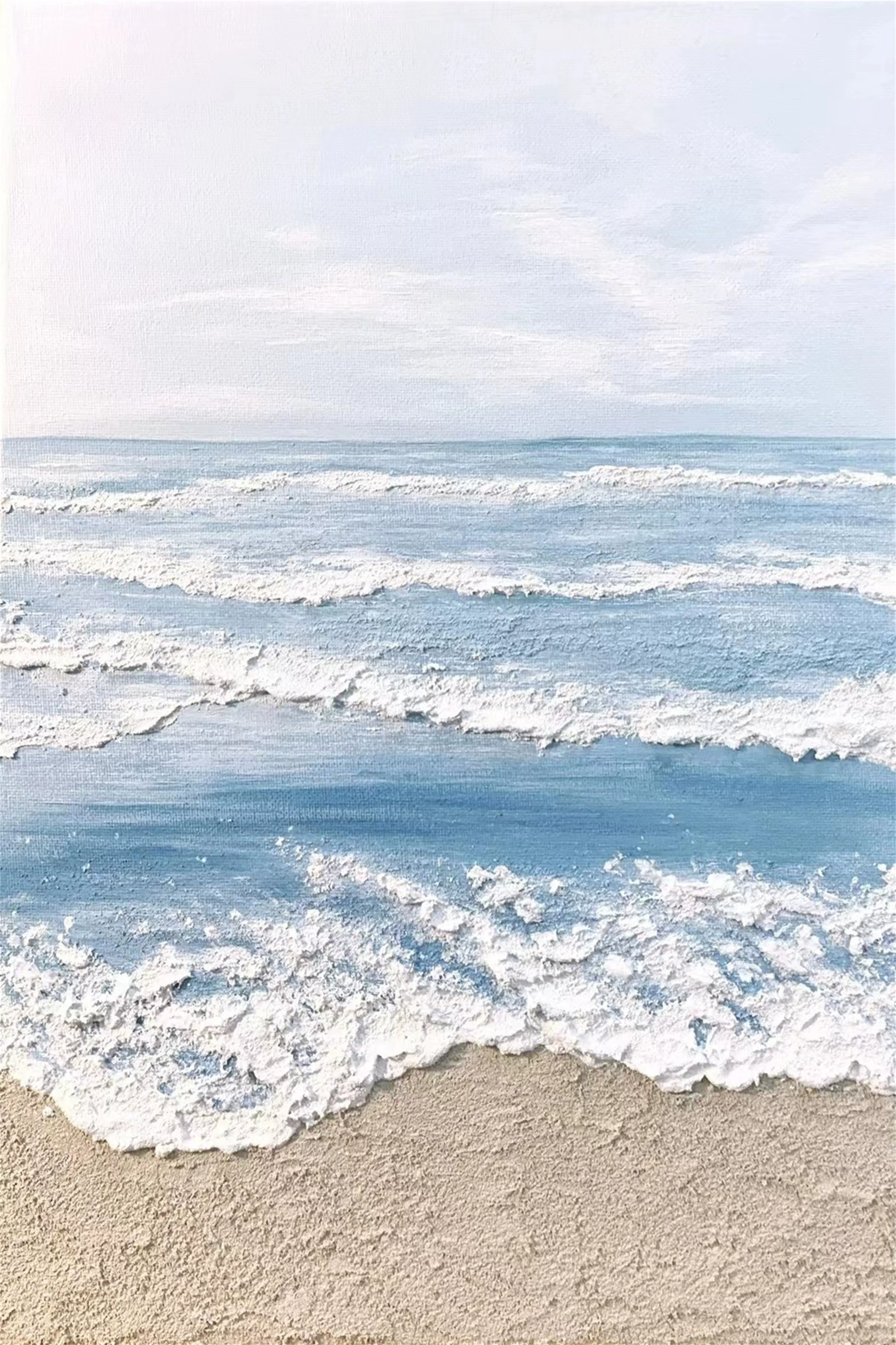 Blue White Beige Textured Beach Abstract Oil Painting - Modern Serene Art # JJ 131