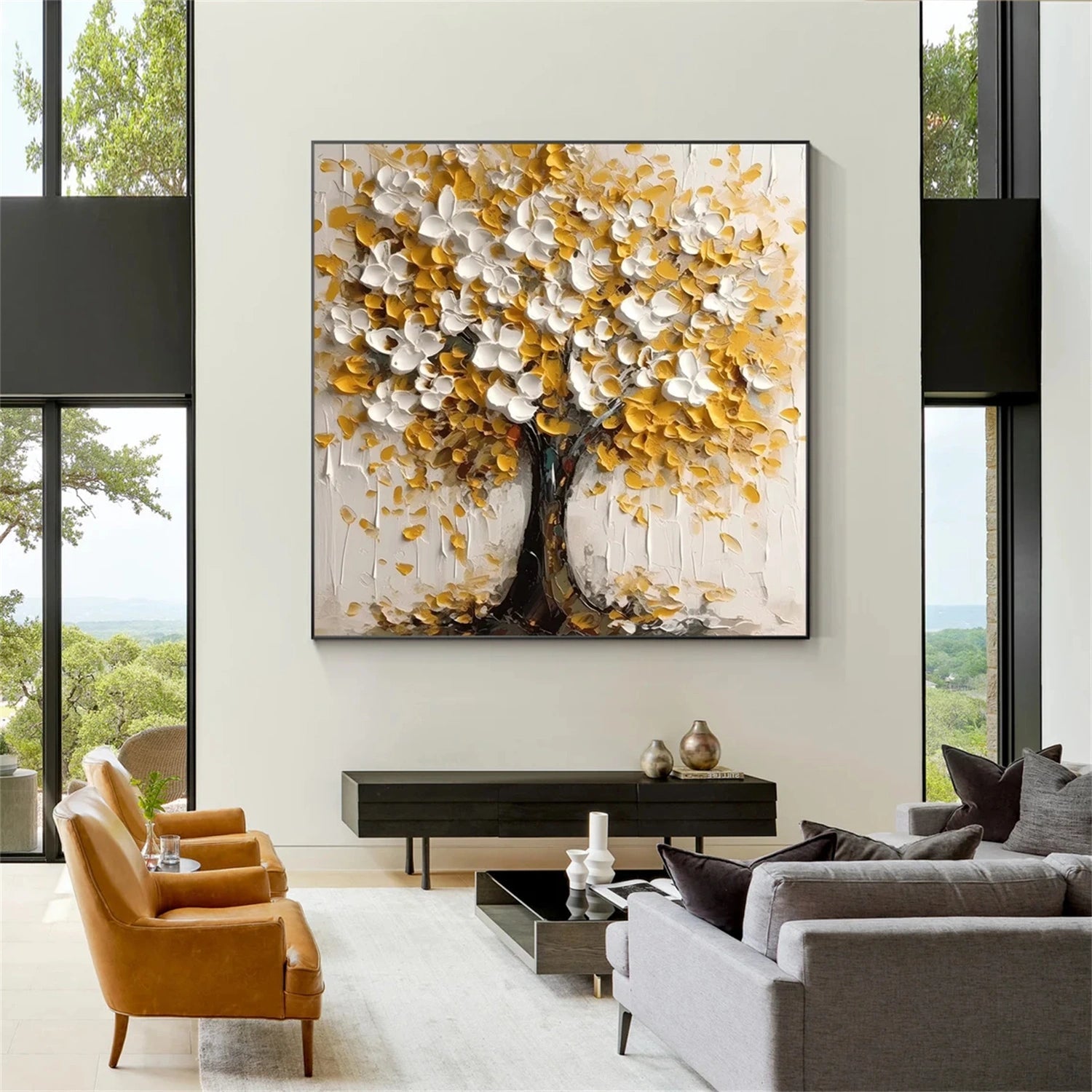 Golden Autumn Tree Hand-Painted Oil Art | Textured Landscape