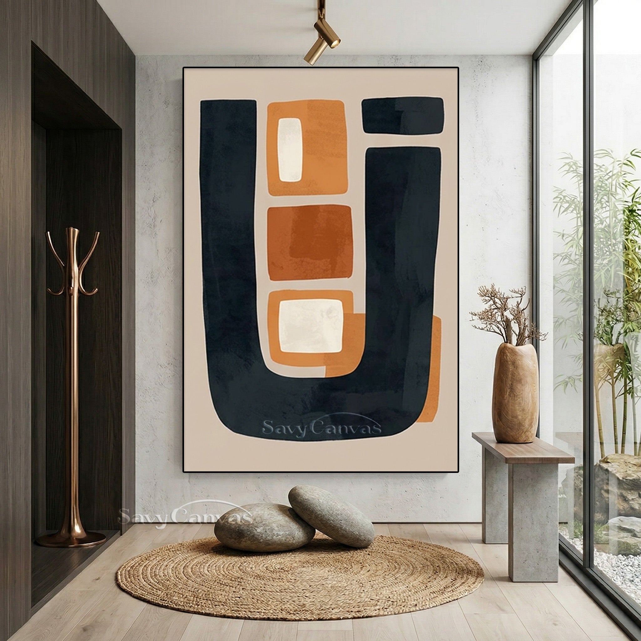 Modern Abstract Terracotta & Black Geometric Oil Painting #SS 196