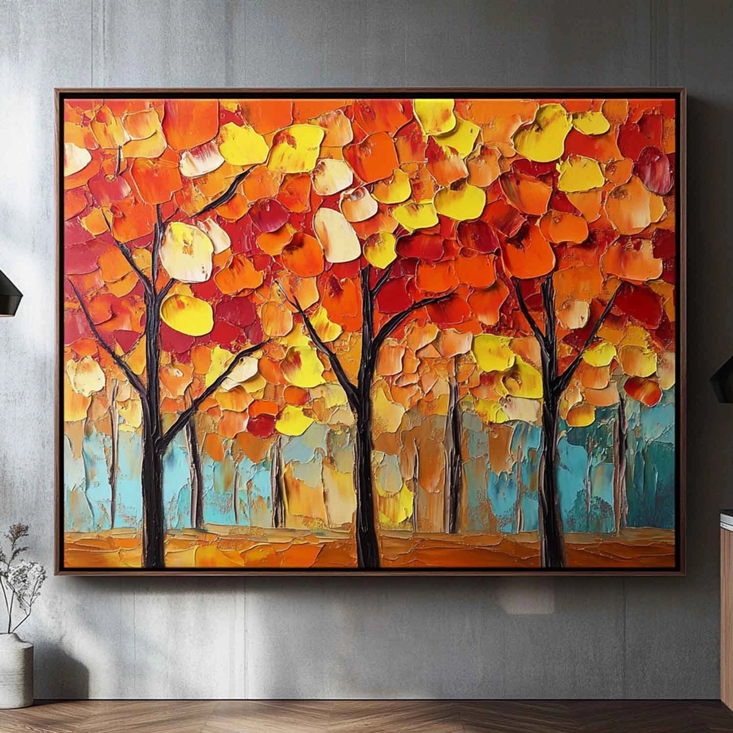  Golden Autumn Tree Hand-Painted Oil Painting | Textured Leaves