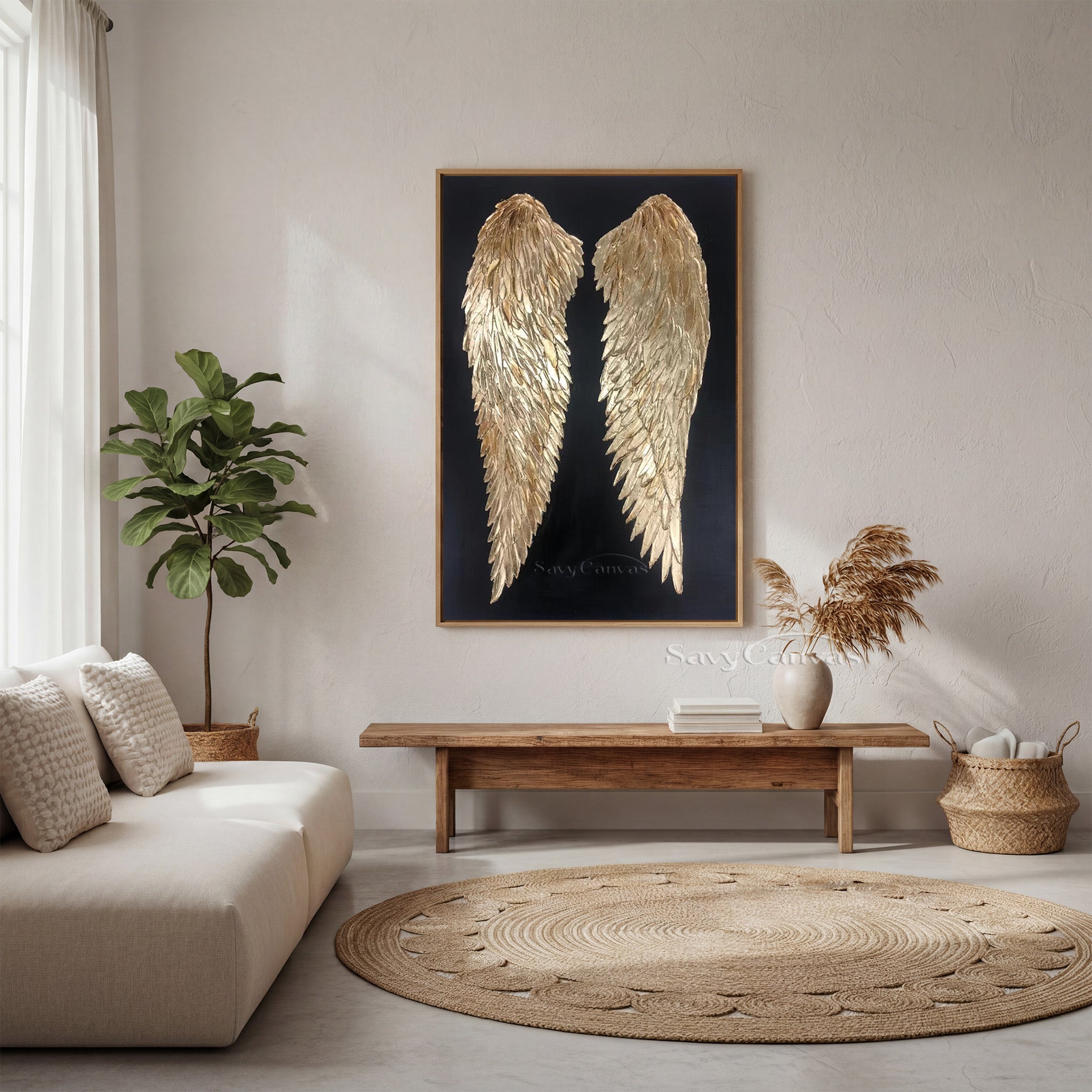 Gold Angel Wings 3D Texture Oil Painting on Black Canvas #SS 006