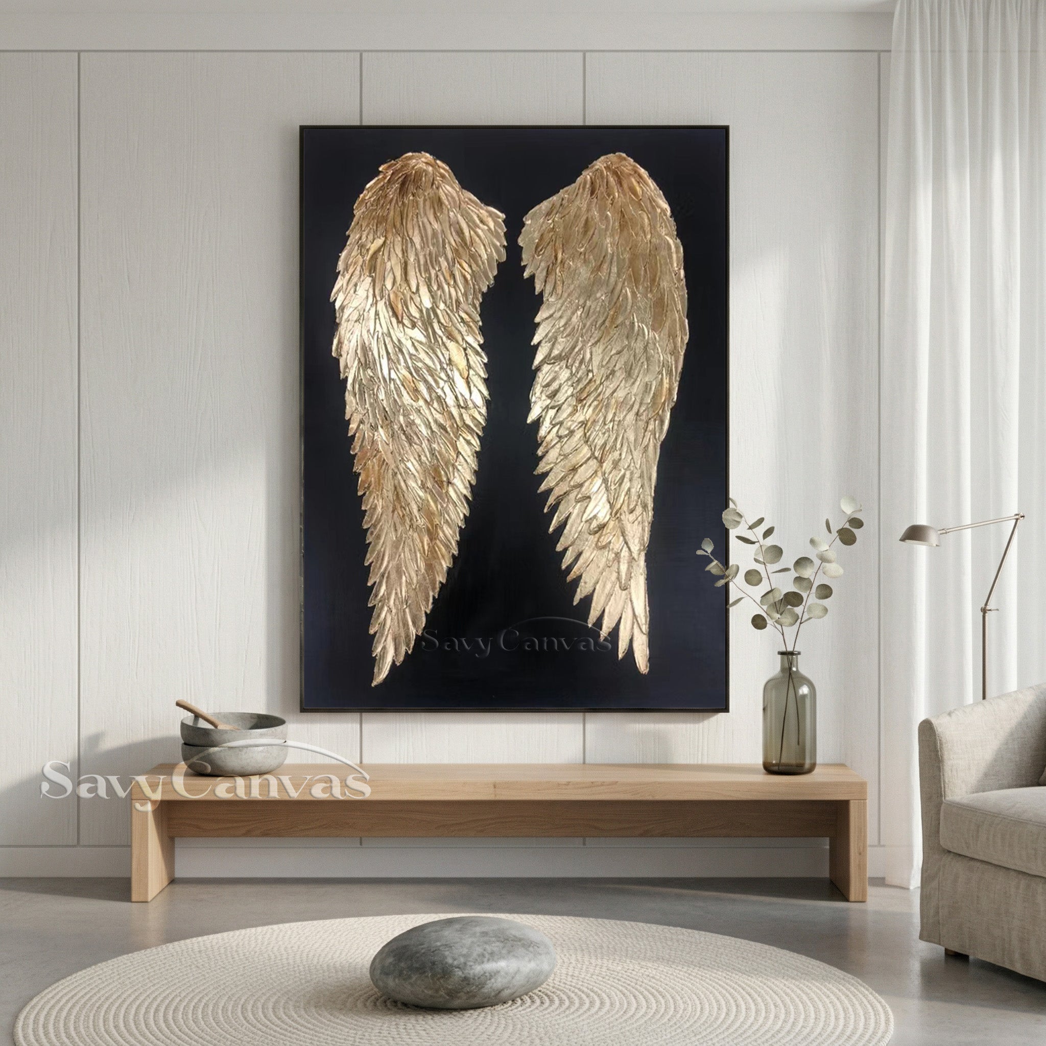 Gold Angel Wings 3D Texture Oil Painting on Black Canvas #SS 006