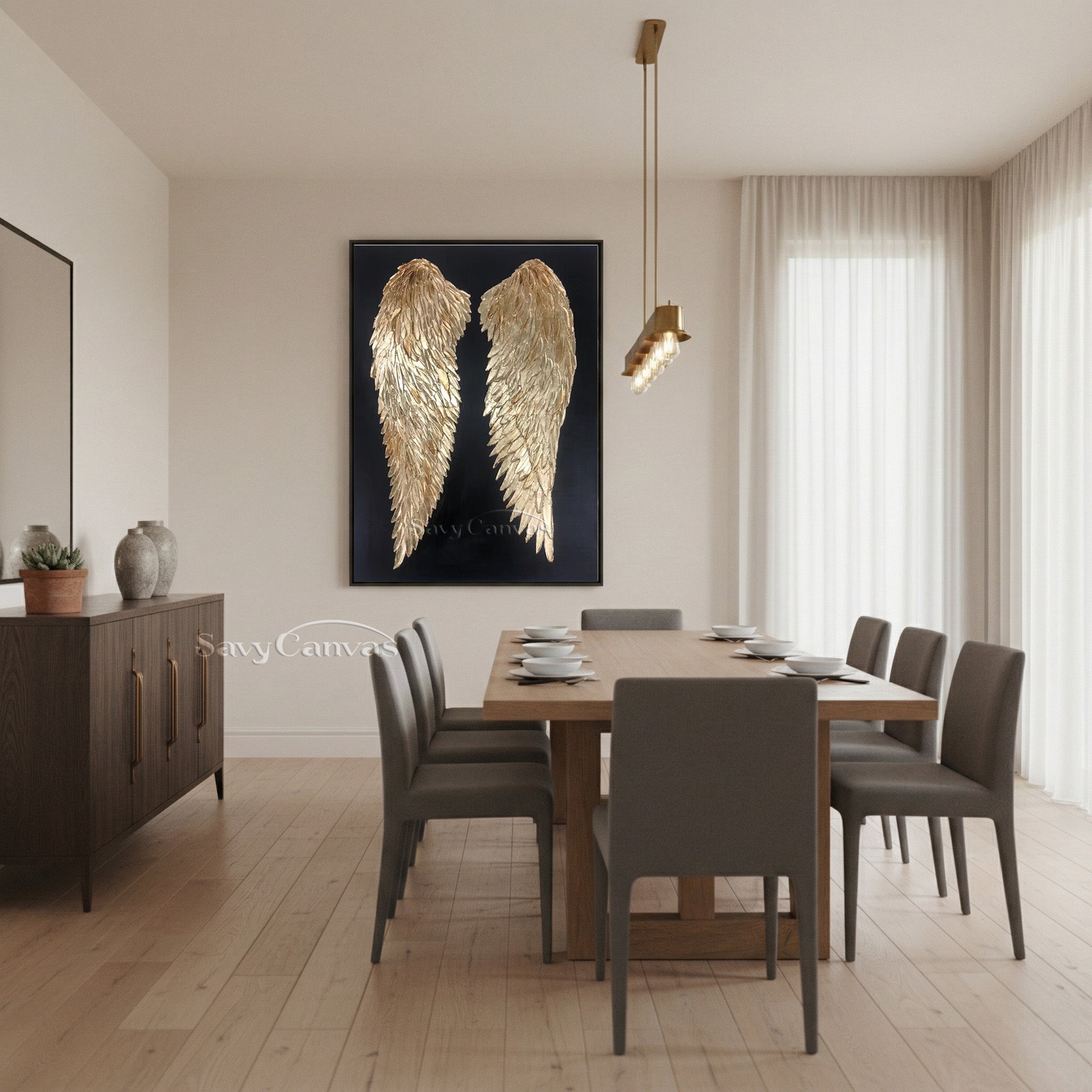 Gold Angel Wings 3D Texture Oil Painting on Black Canvas #SS 006