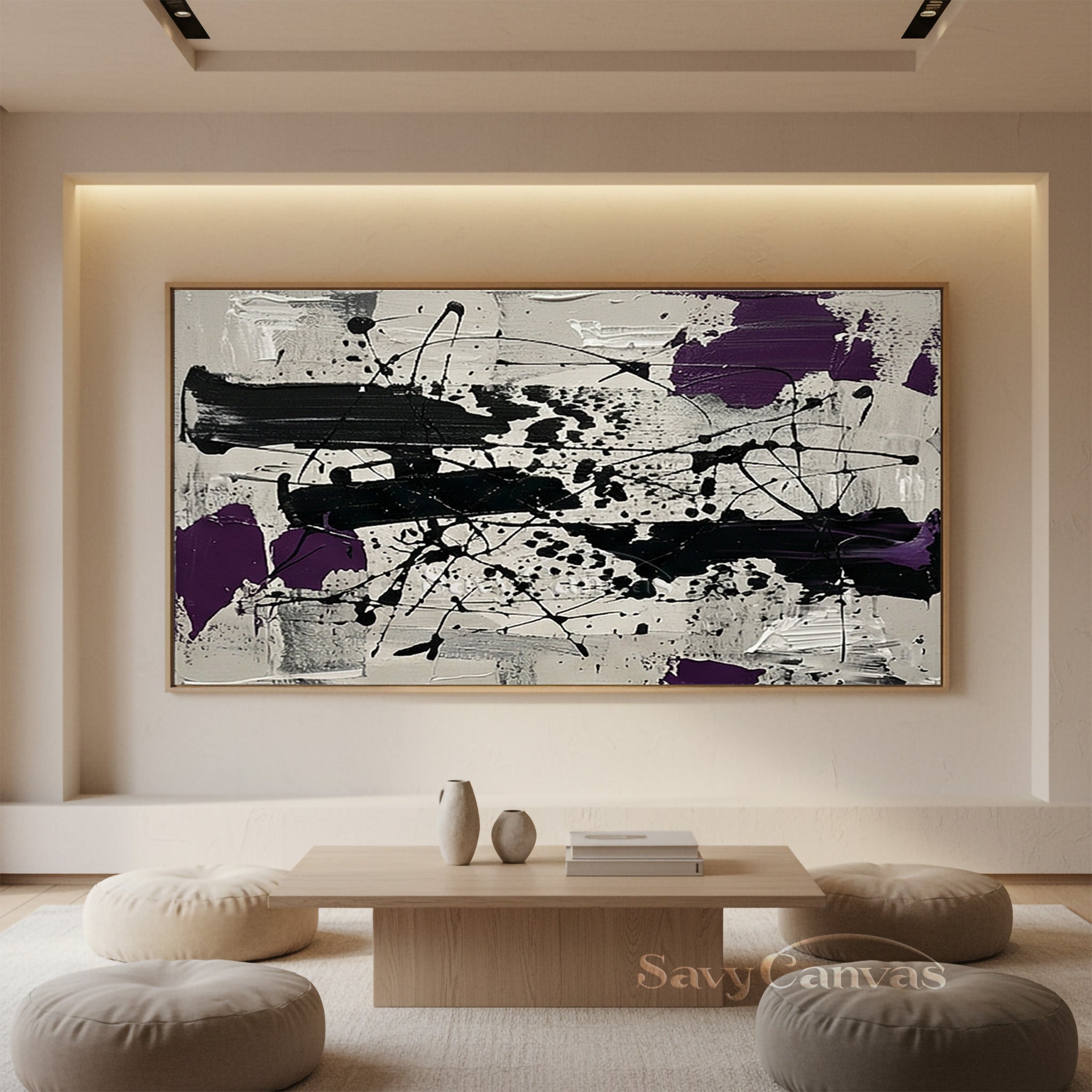 Detailed hand-painted black and white abstract drip painting with complex splatters and thick oil texture.