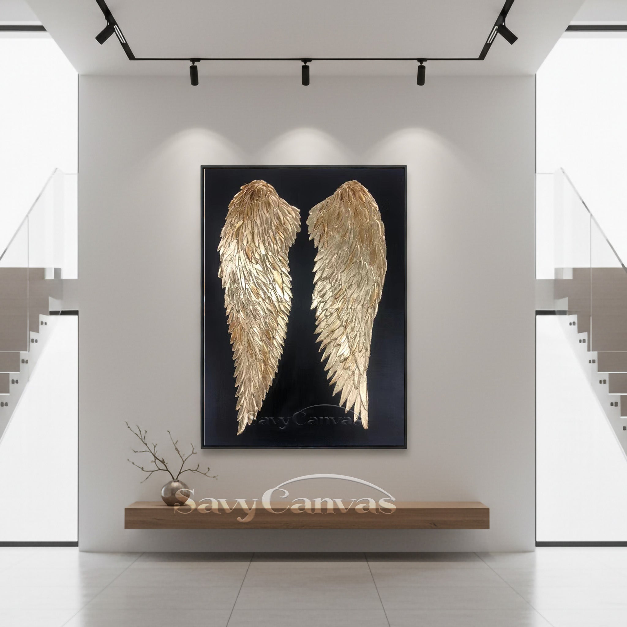 Gold Angel Wings 3D Texture Oil Painting on Black Canvas #SS 006