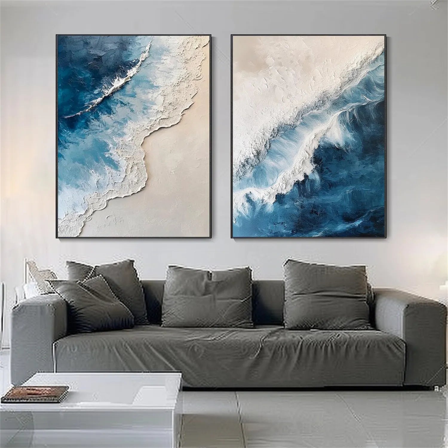 Large Abstract Ocean Wall Art Set of 2 | Textured Blue Wave Painting #