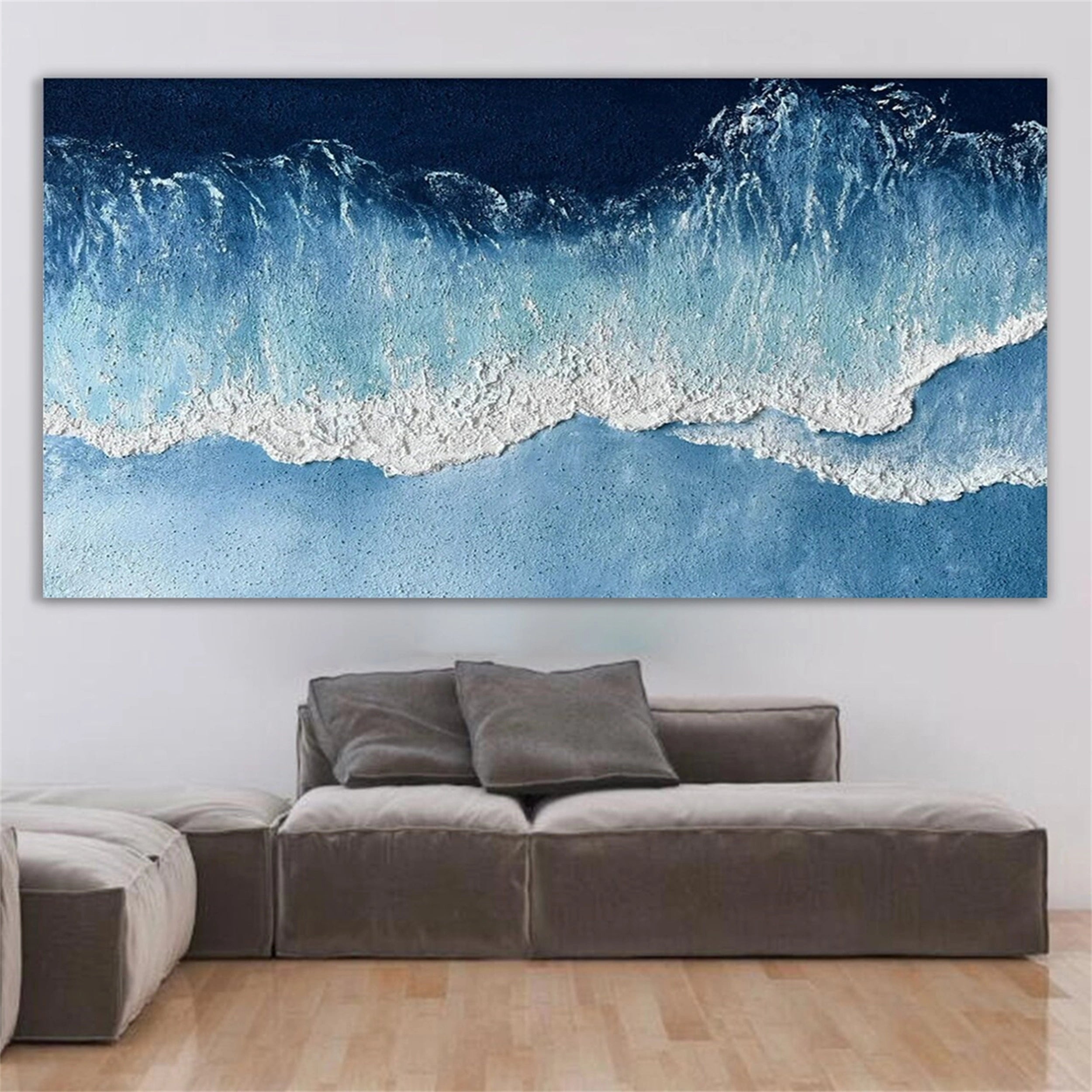 Textured Ocean Wave Wall Art | Vertical Blue Abstract Canvas