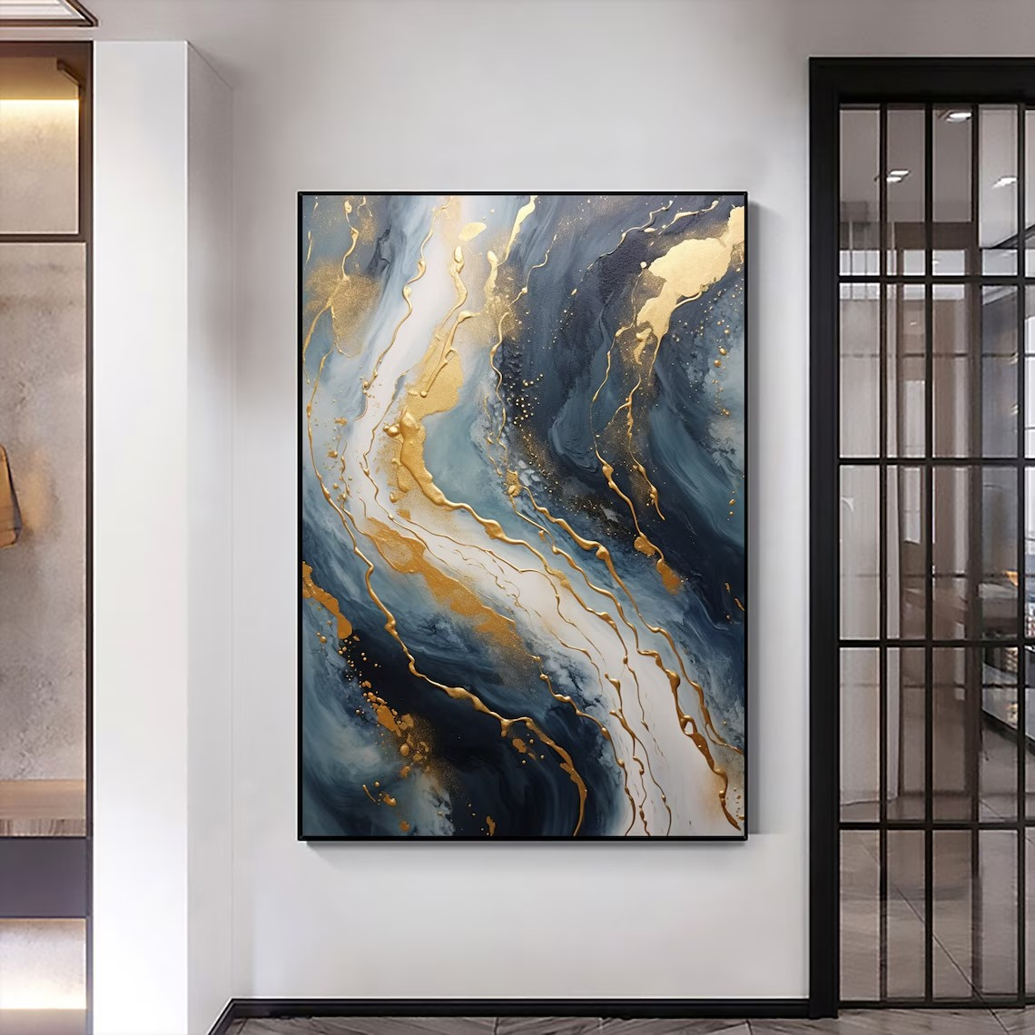 Navy Blue and Gold  Abstract Textured Wall Painting | Large Wall Decor #TC 074