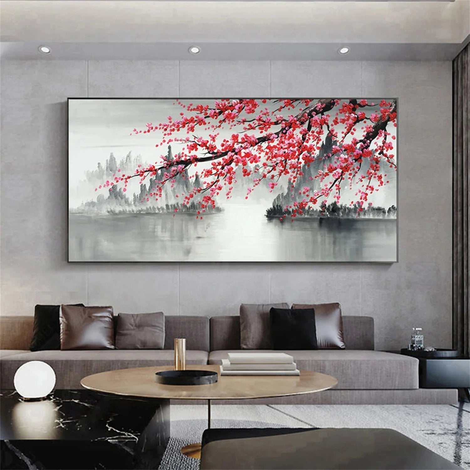 Red Plum Blossom Landscape | Hand-Painted Oil Art - Savy Canvas