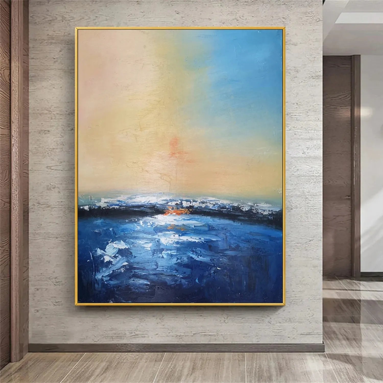 Vertical Blue Beige Pink Abstract Seascape Oil Painting - Modern Serene Art