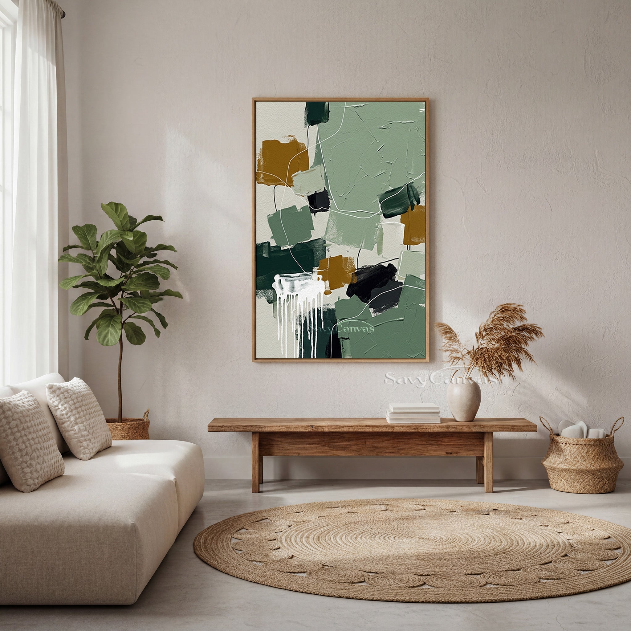 Modern Abstract Sage Green & Ochre Oil Painting Wall Art #SS 138