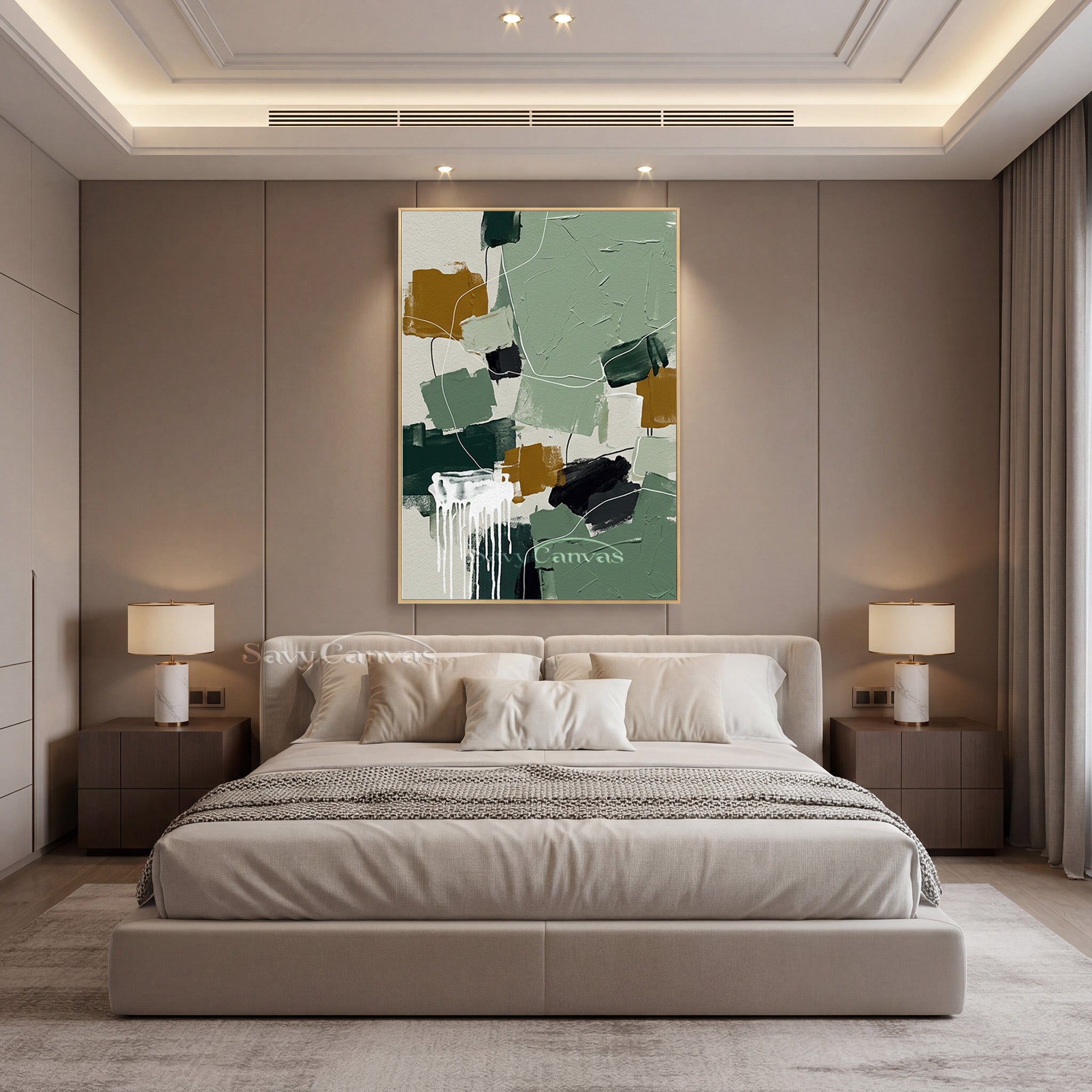 Modern Abstract Sage Green & Ochre Oil Painting Wall Art #SS 138
