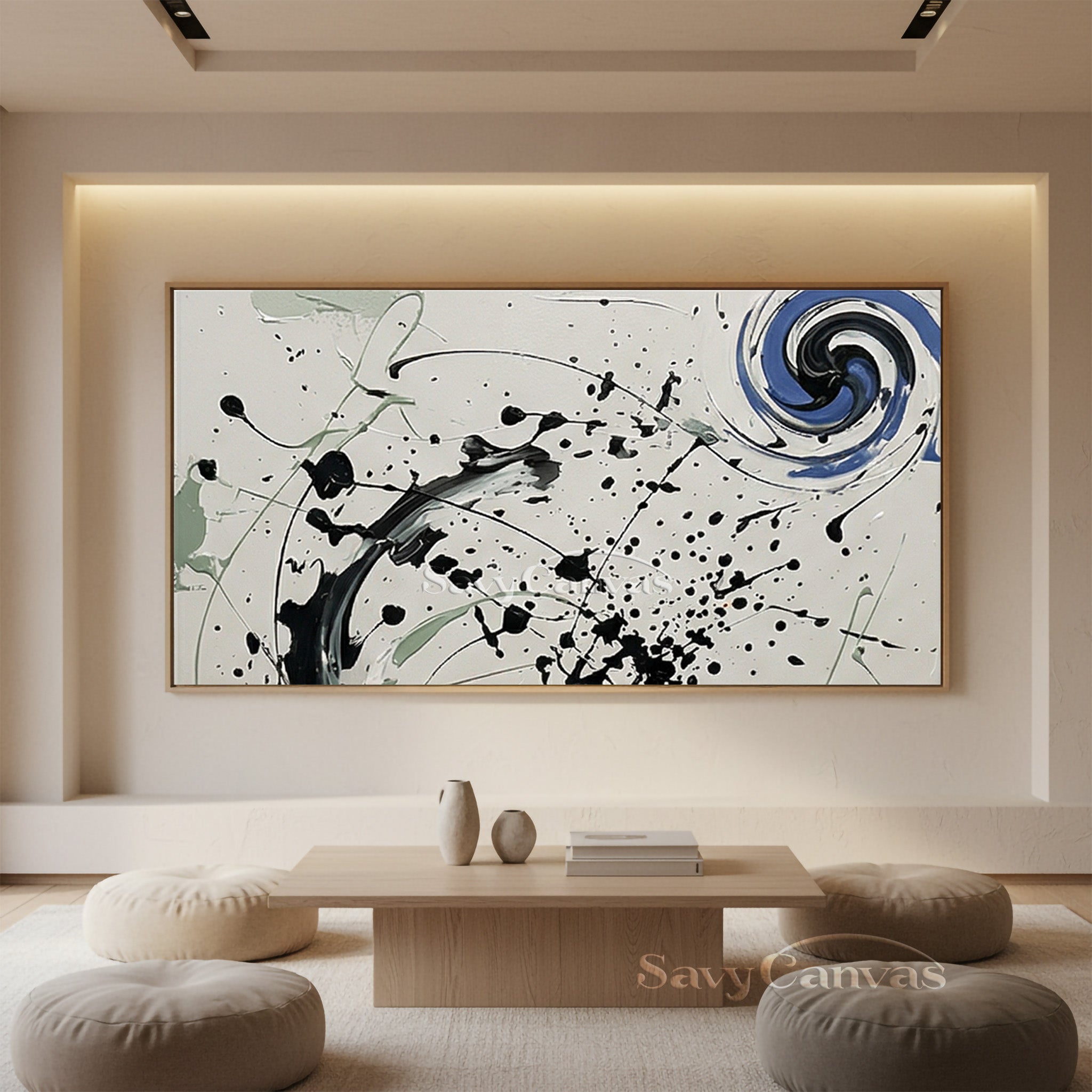abstract swirl painting with blue spiral and black paint splashes on white background