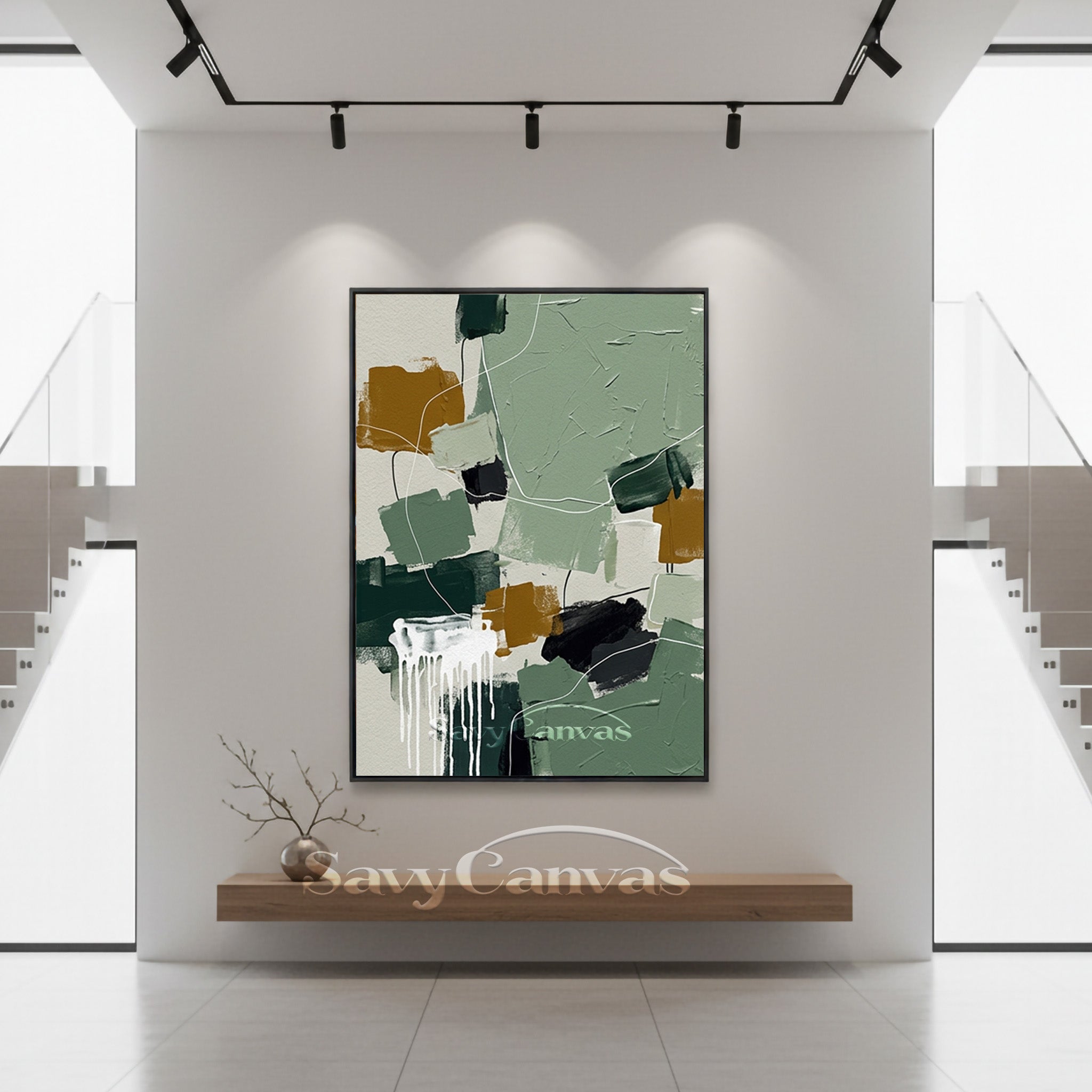 Modern Abstract Sage Green & Ochre Oil Painting Wall Art #SS 138