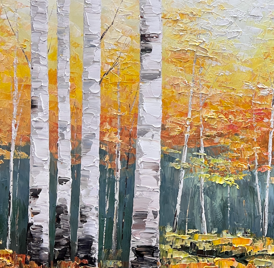 Serene Birch Forest Painting | Warm Woodland Wall Art #AA 300