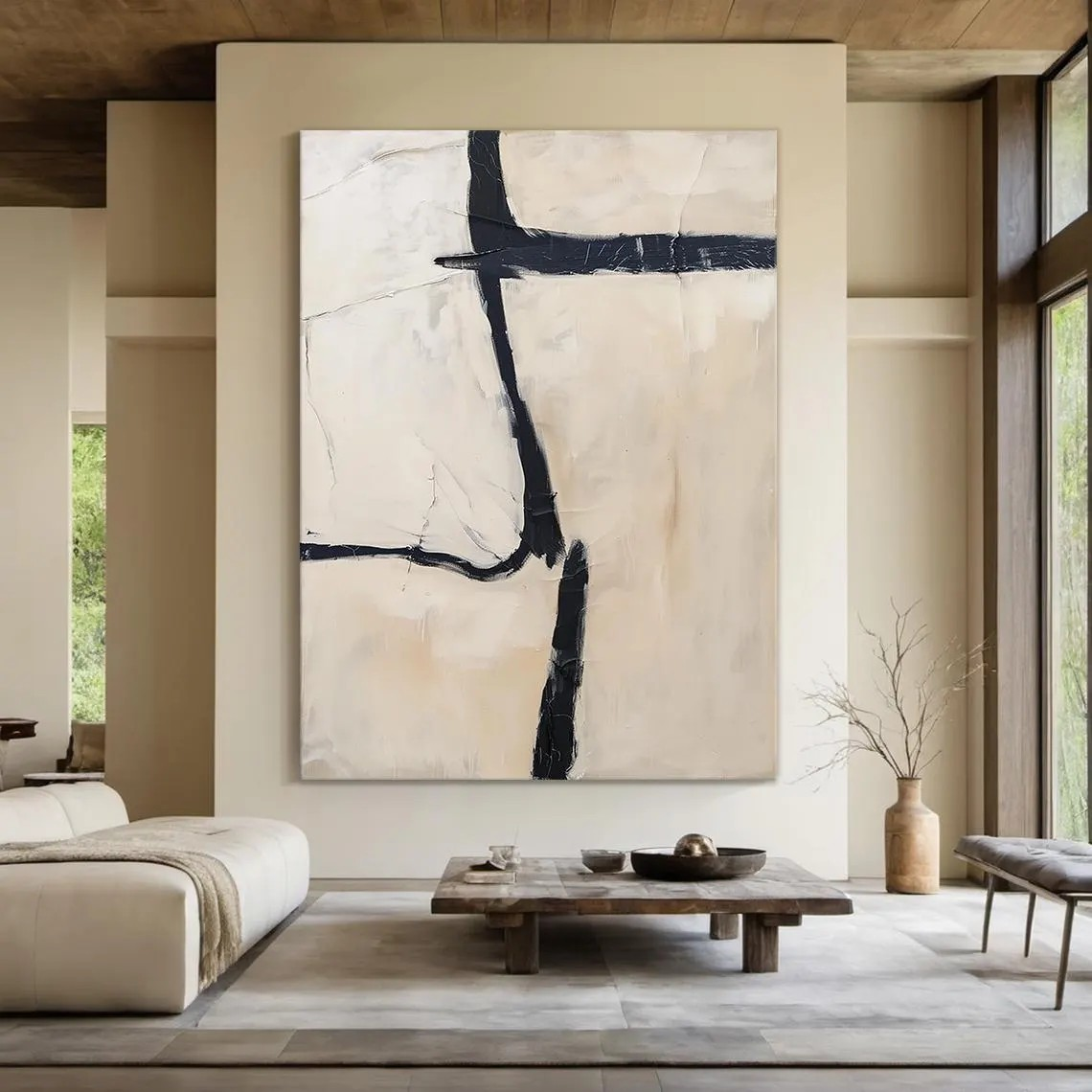 Geometric Abstract Oil Painting | Bold Black Lines Original Art  #TC 059