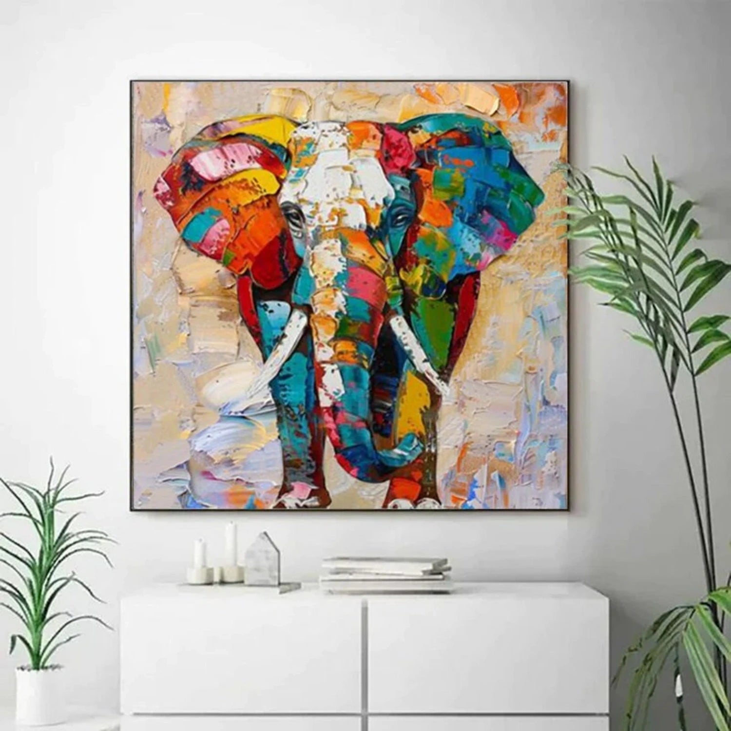 Large Abstract Elephant Painting | Colorful Square Wall Art Decor Canvas