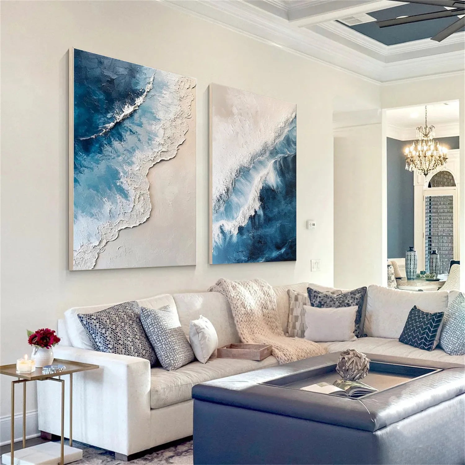 Large Abstract Ocean Wall Art Set of 2 | Textured Blue Wave Painting #