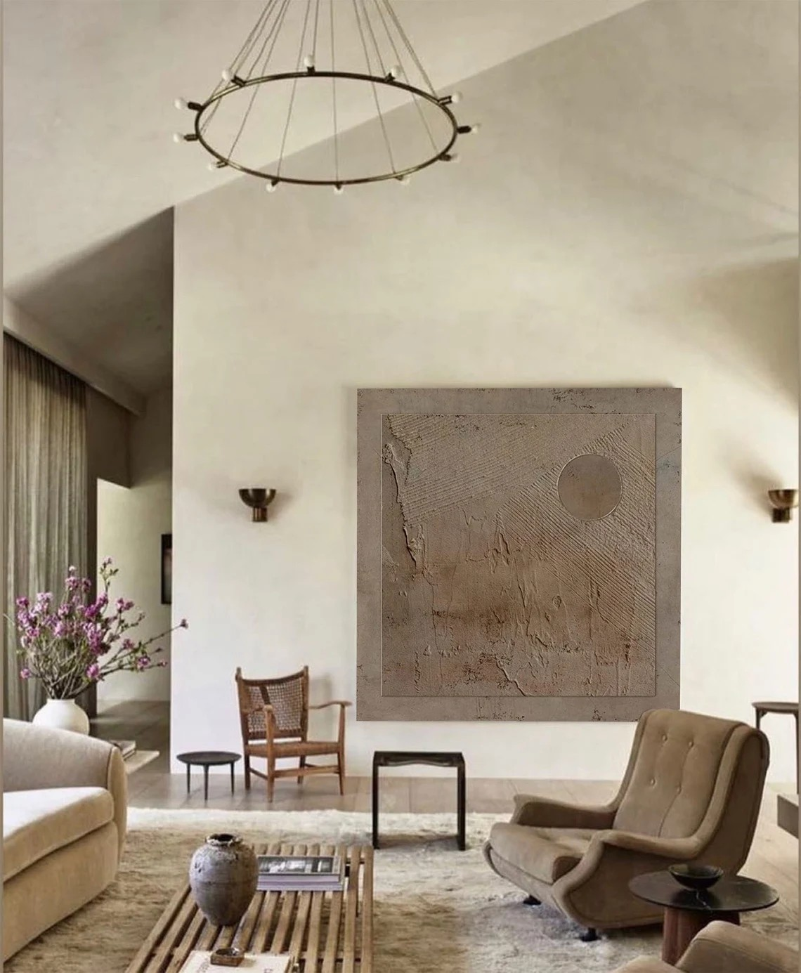 Wabi-Sabi Abstract Oil Painting - Textured Monochromatic Circle Art #JJ 012