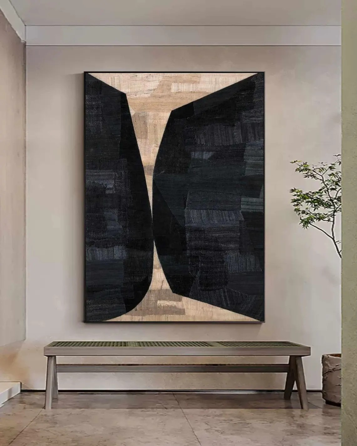 Large Vertical Modern Geometric Art - Black & Beige Contrast  #TC 049