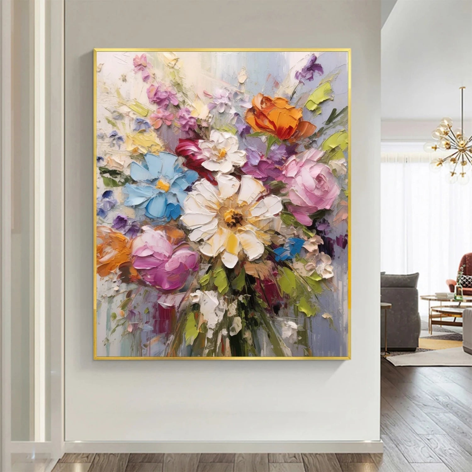 Modern Hallway Vertical Floral Art | Multi-Color Textured Oil - Savy Canvas