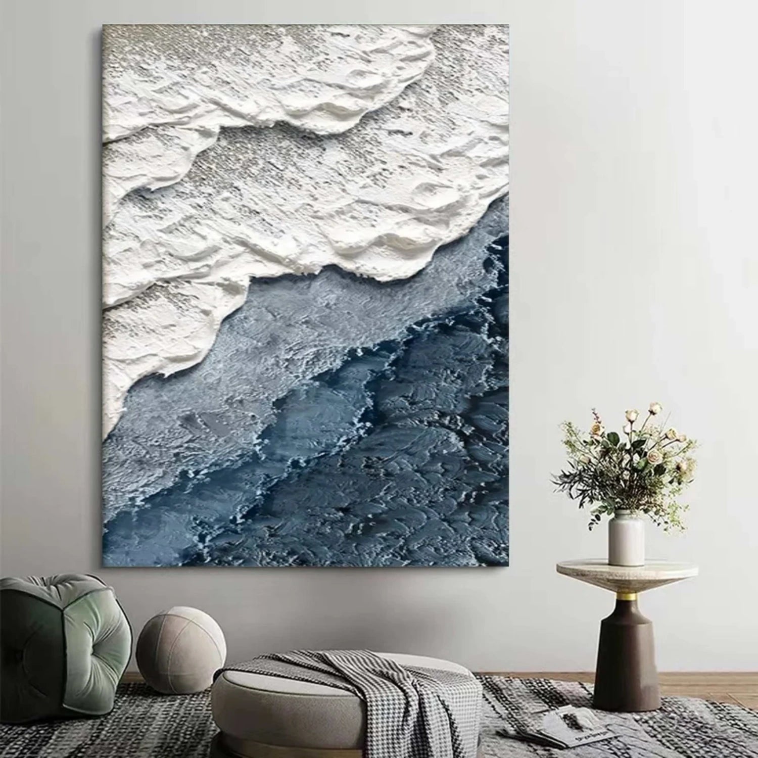  Calm Coastal Sand and Sea Textured Abstract - Blue White Beige Minimalist Oil Painting