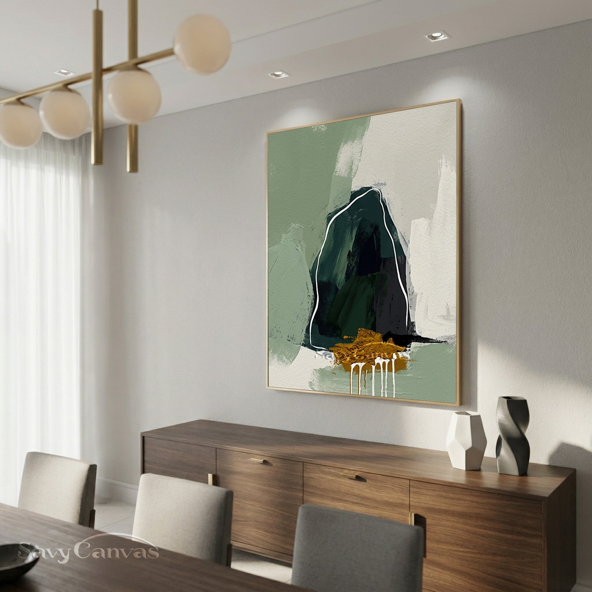 Modern Sage Green Abstract Mountain Oil Painting Wall Art #SS 139