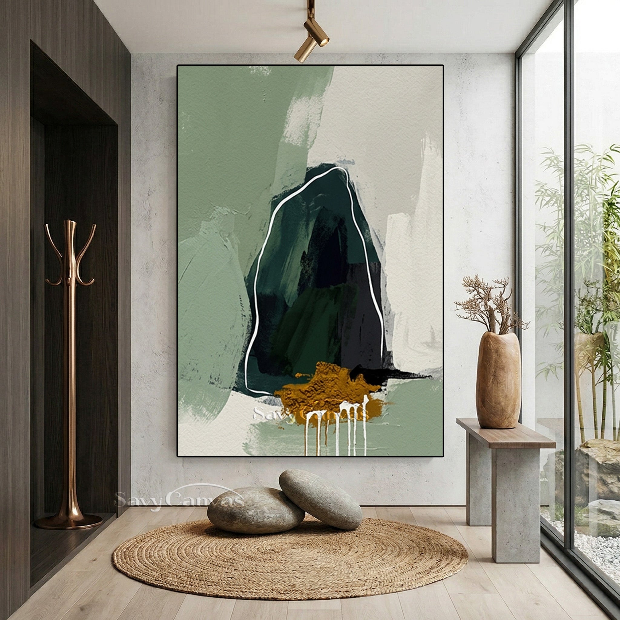 Modern Sage Green Abstract Mountain Oil Painting Wall Art #SS 139