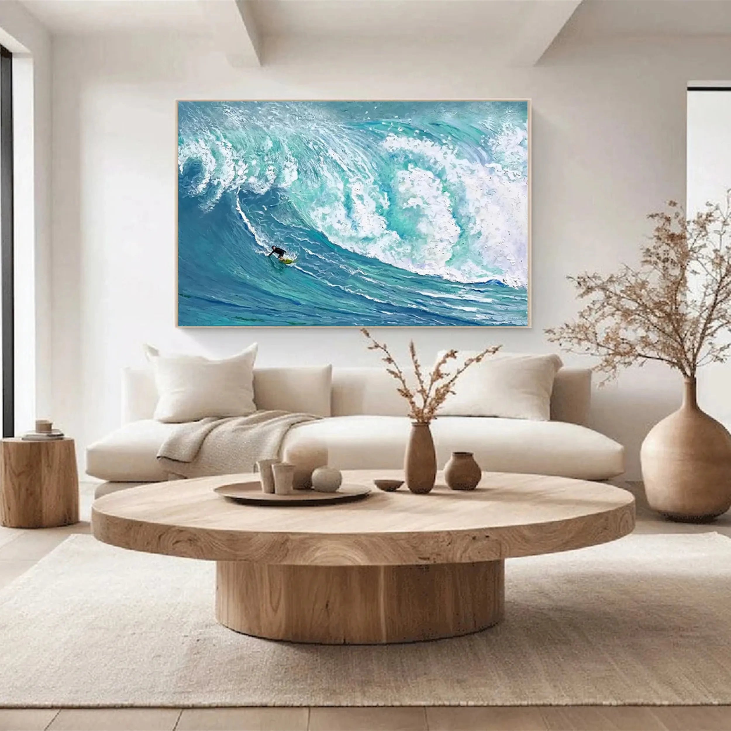 Teal White Textured Surfing Abstract Oil Painting for Wall Decor #JJ 186