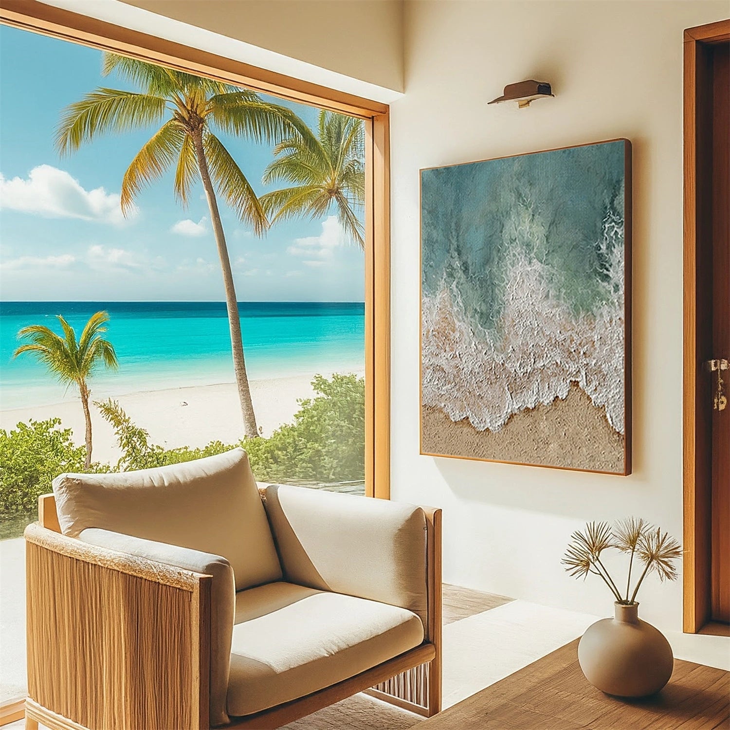 Textured Beach Painting | Abstract Ocean Waves & Sand Wall Art Canvas # JJ 137