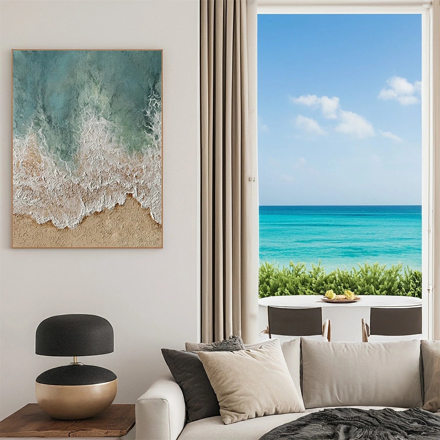 Textured Beach Painting | Abstract Ocean Waves & Sand Wall Art Canvas # JJ 137