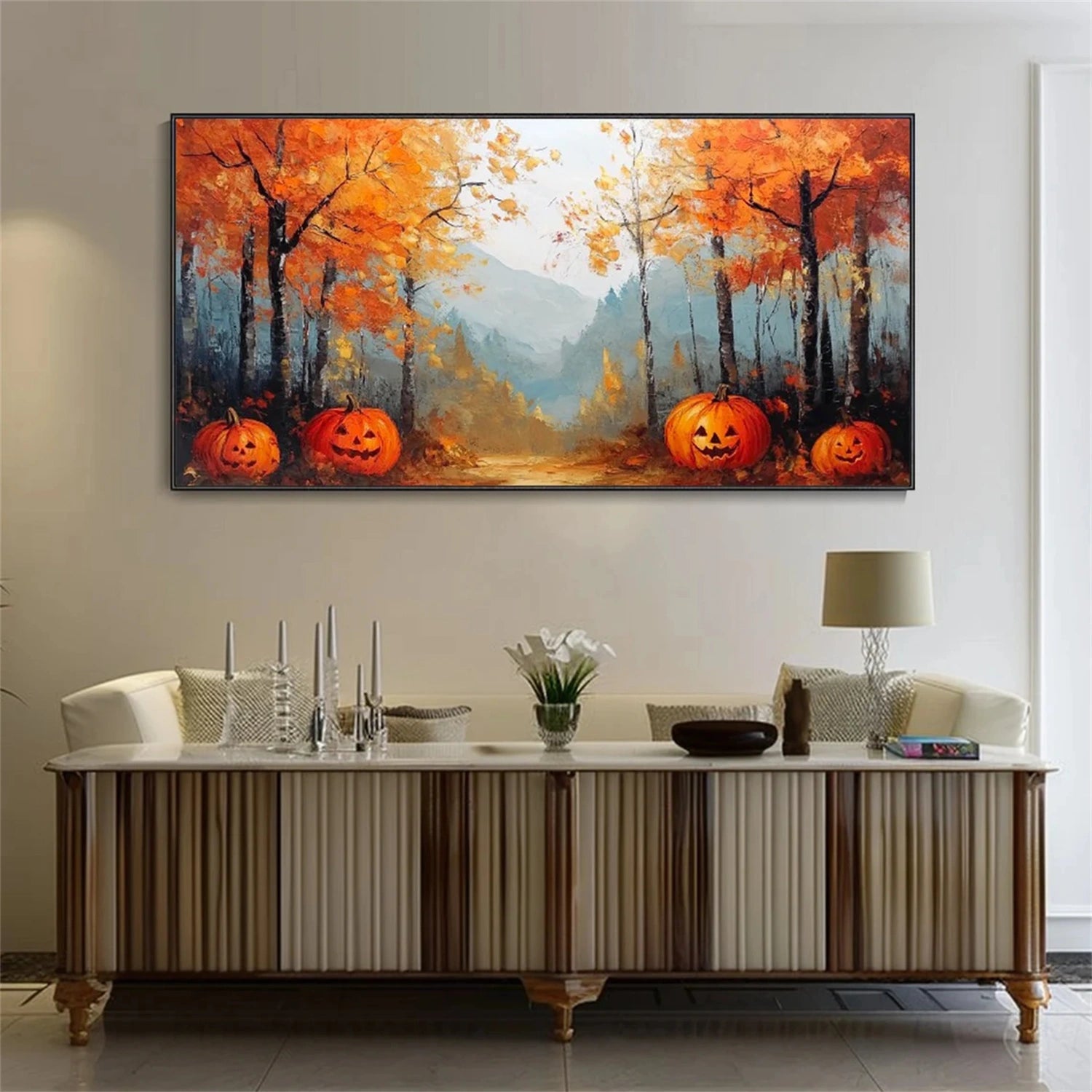 Contemporary Halloween Artwork | Modern Forest & Pumpkin Art #JJ 320