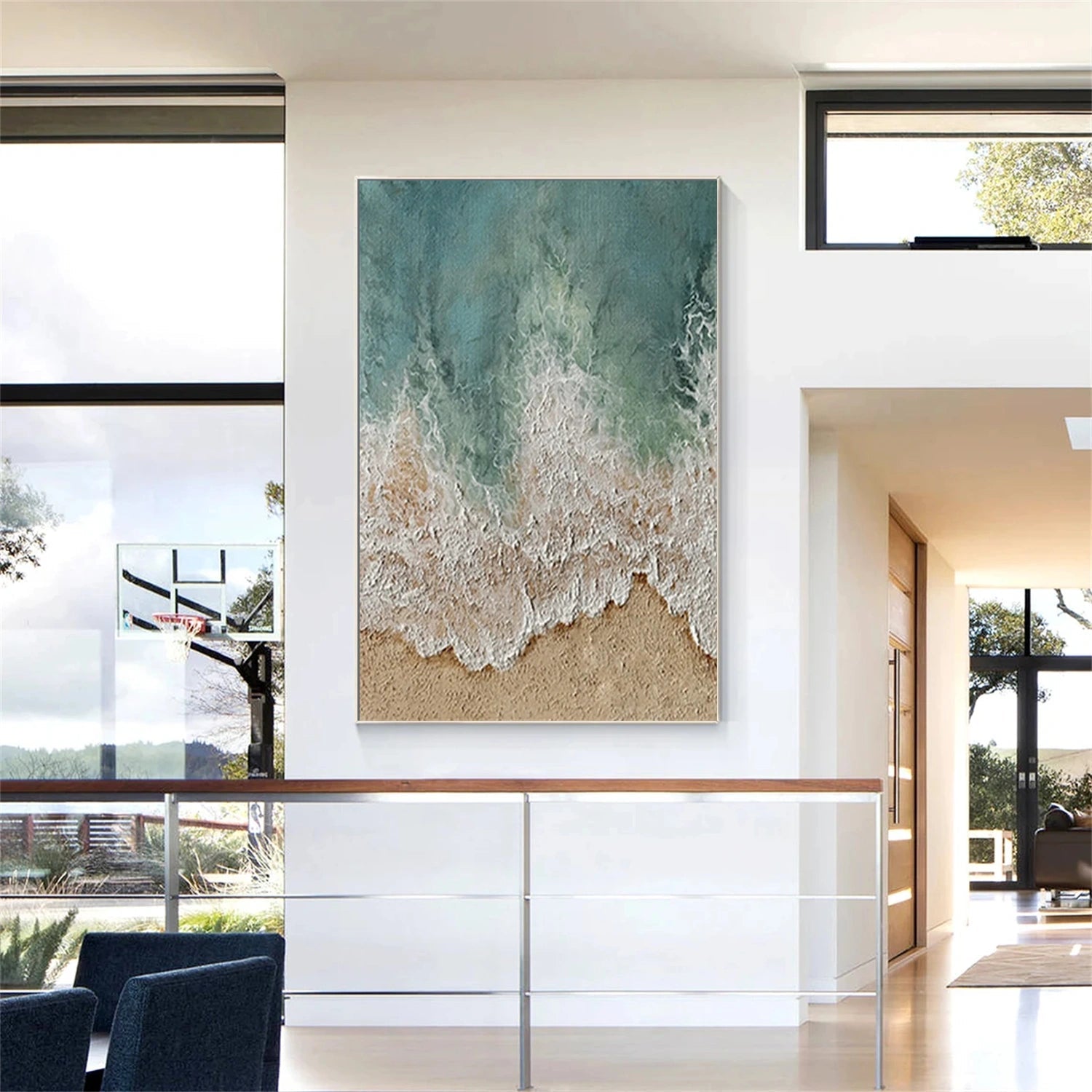 Textured Beach Painting | Abstract Ocean Waves & Sand Wall Art Canvas # JJ 137