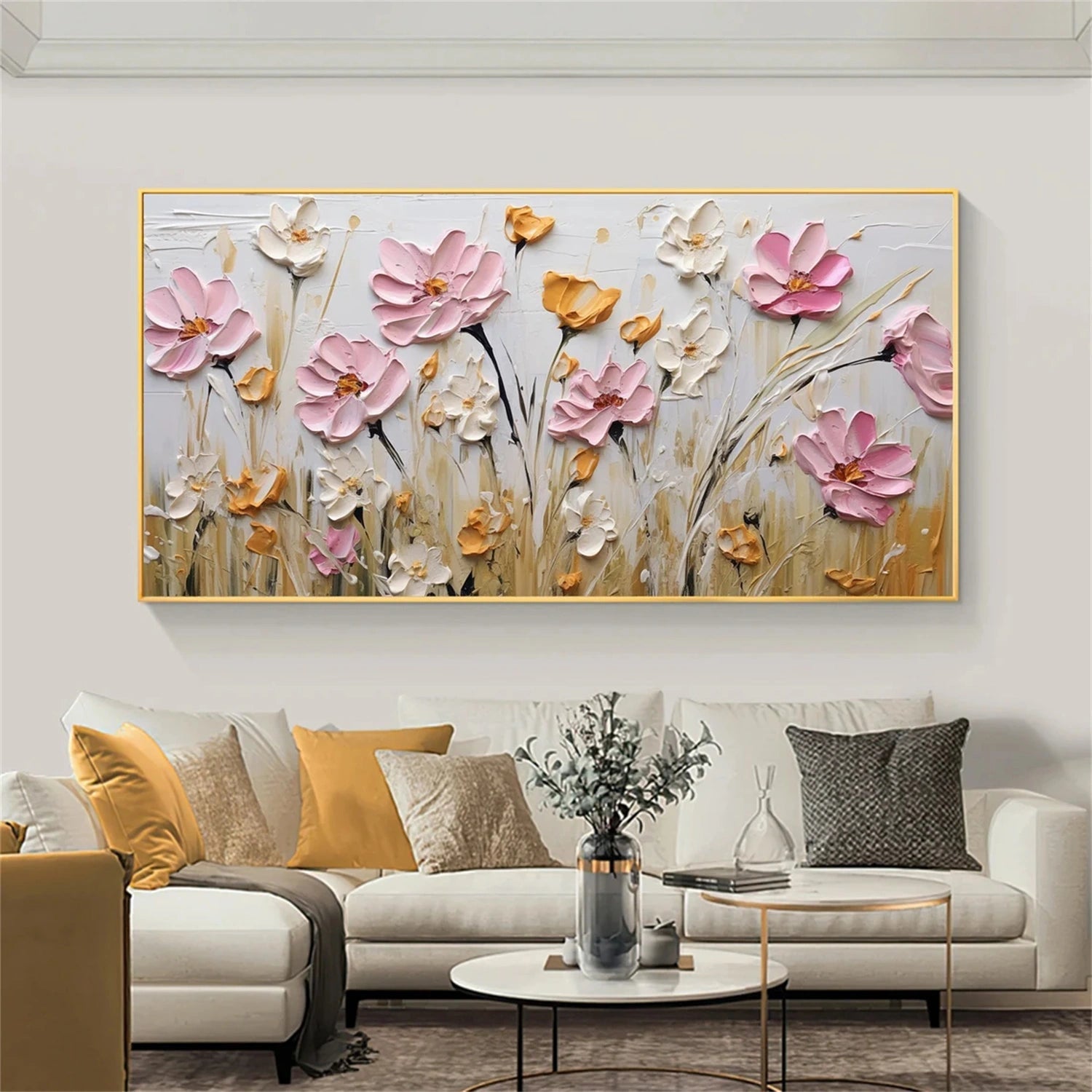 Modern Textured Meadow Art | Pink & White Flower Painting #JJ 304