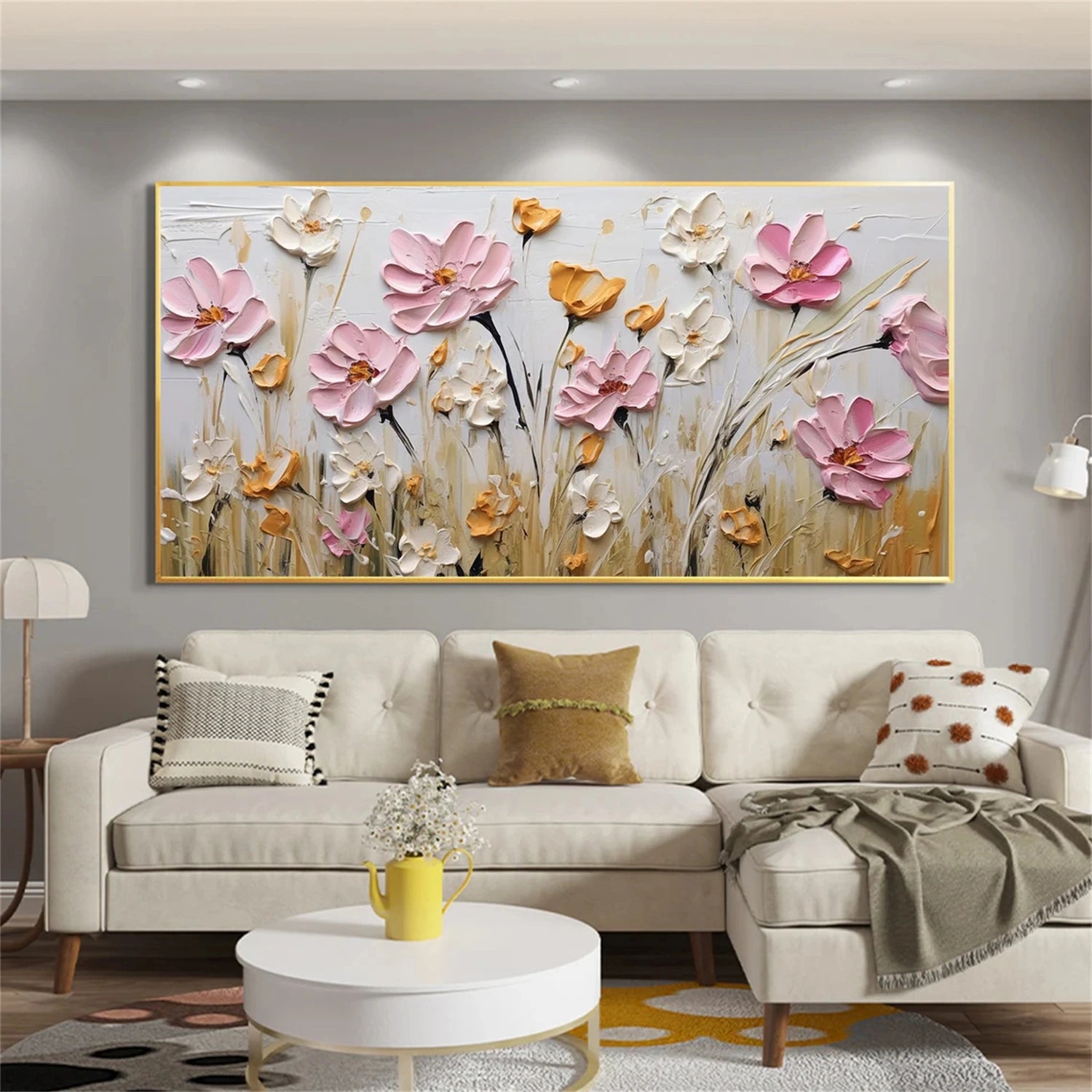 Modern Textured Meadow Art | Pink & White Flower Painting #JJ 304