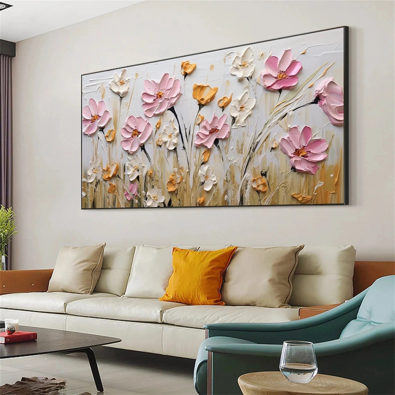 Modern Textured Meadow Art | Pink & White Flower Painting #JJ 304